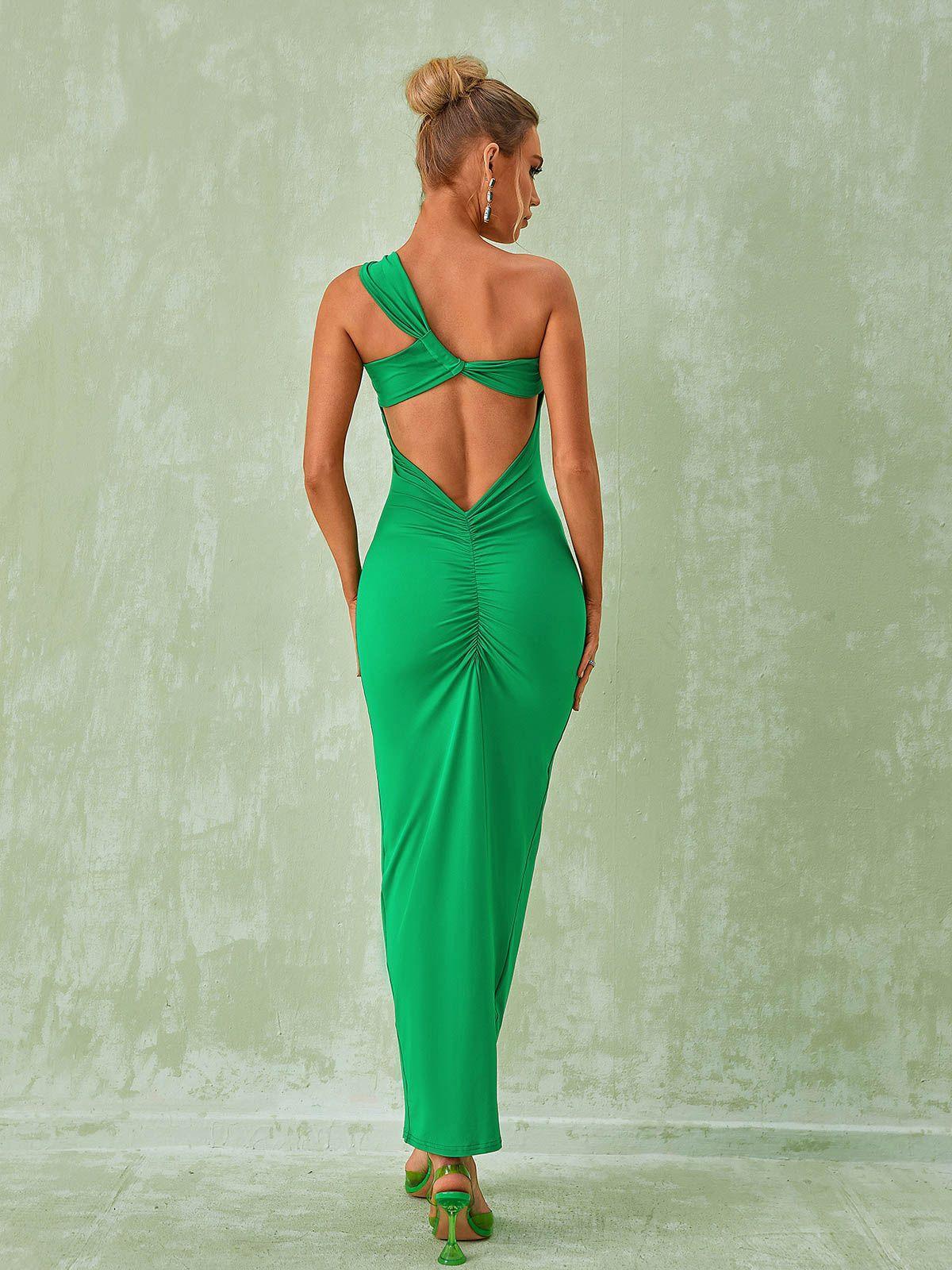 Emi One Shoulder Backless Maxi Dress in green, showcasing elegant design and comfortable fit for any occasion.