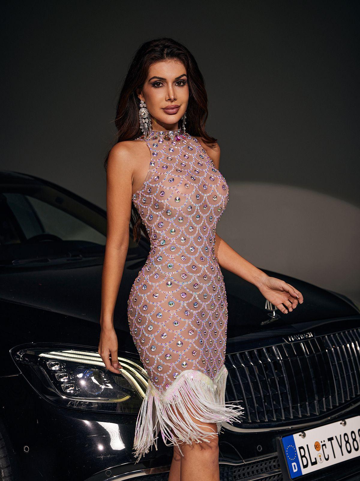 Emira High Neck Rhinestone Fringe Mini Dress in Nude, perfect for elegant evenings and stylish parties.