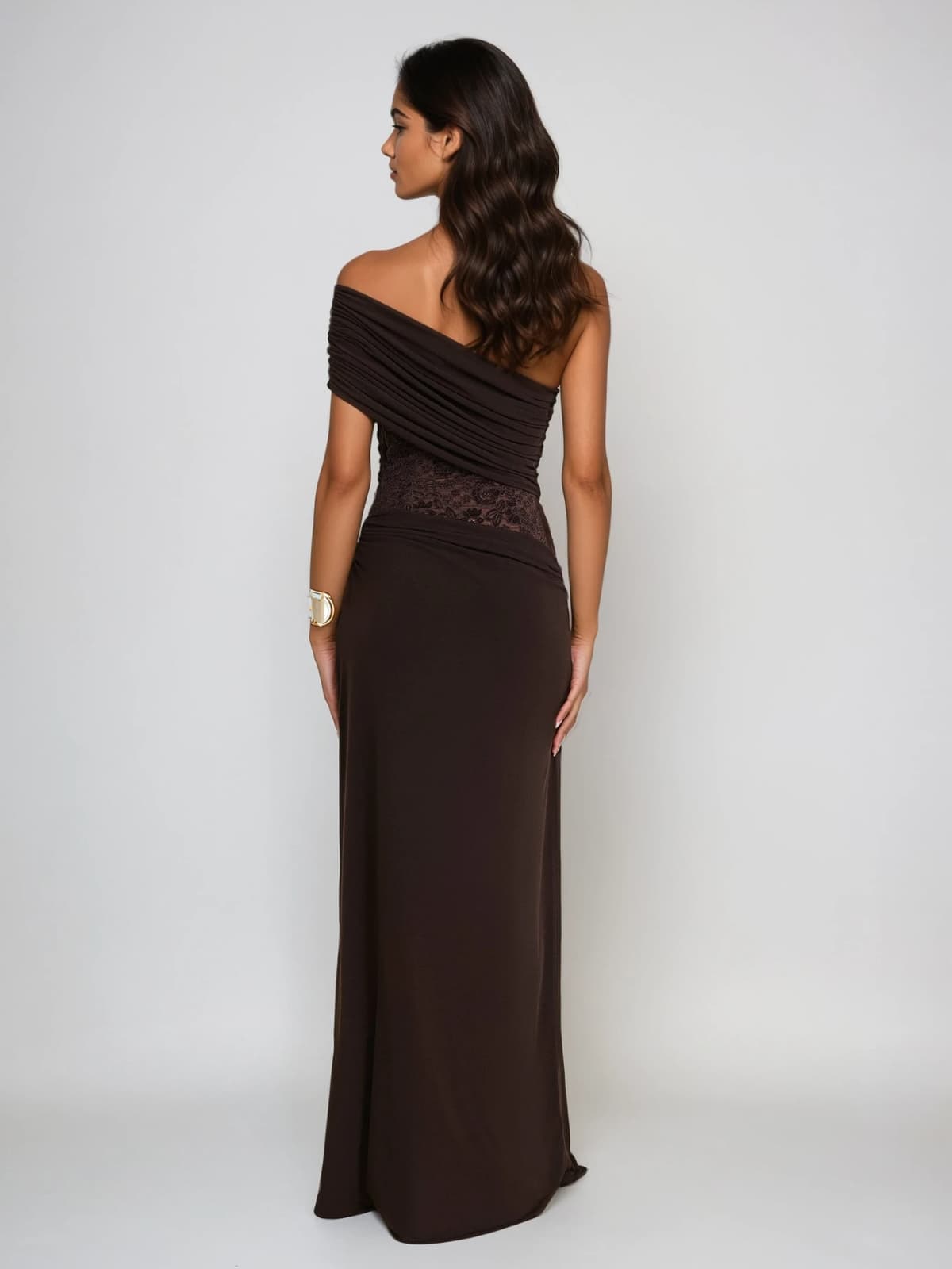 Encoda One Shoulder Ruched Lace Maxi Dress