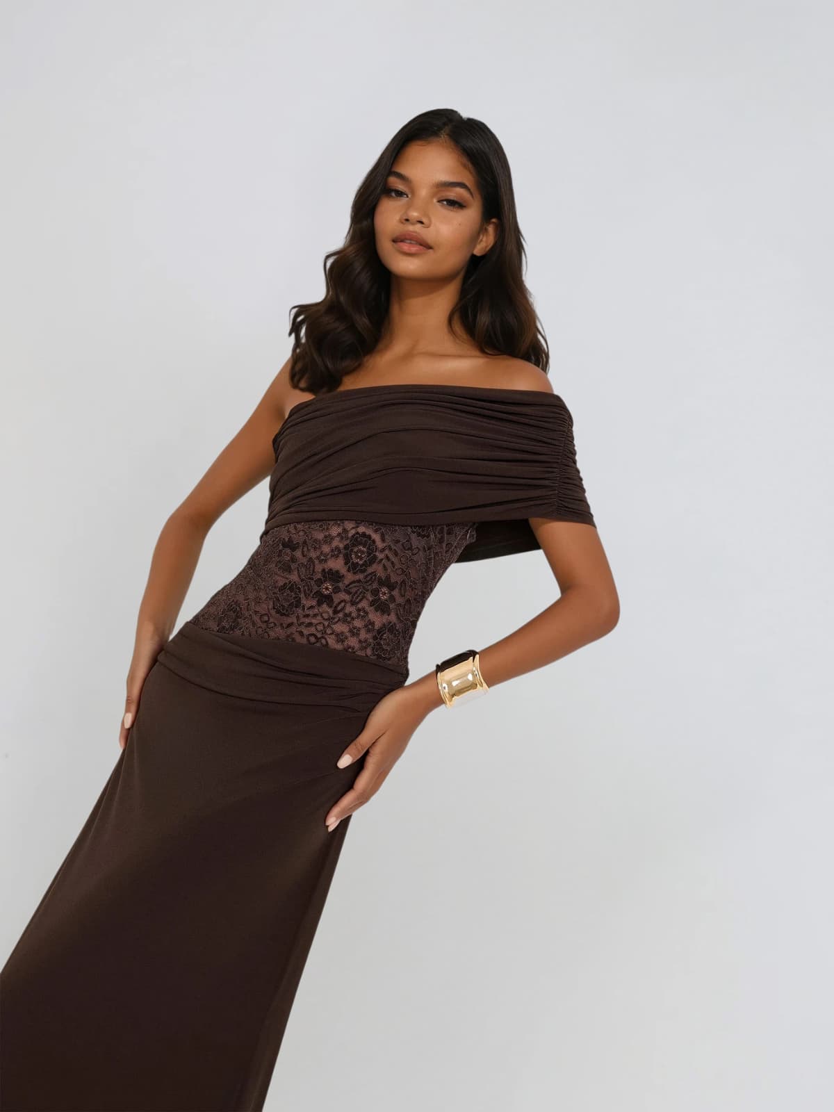 Encoda One Shoulder Ruched Lace Maxi Dress