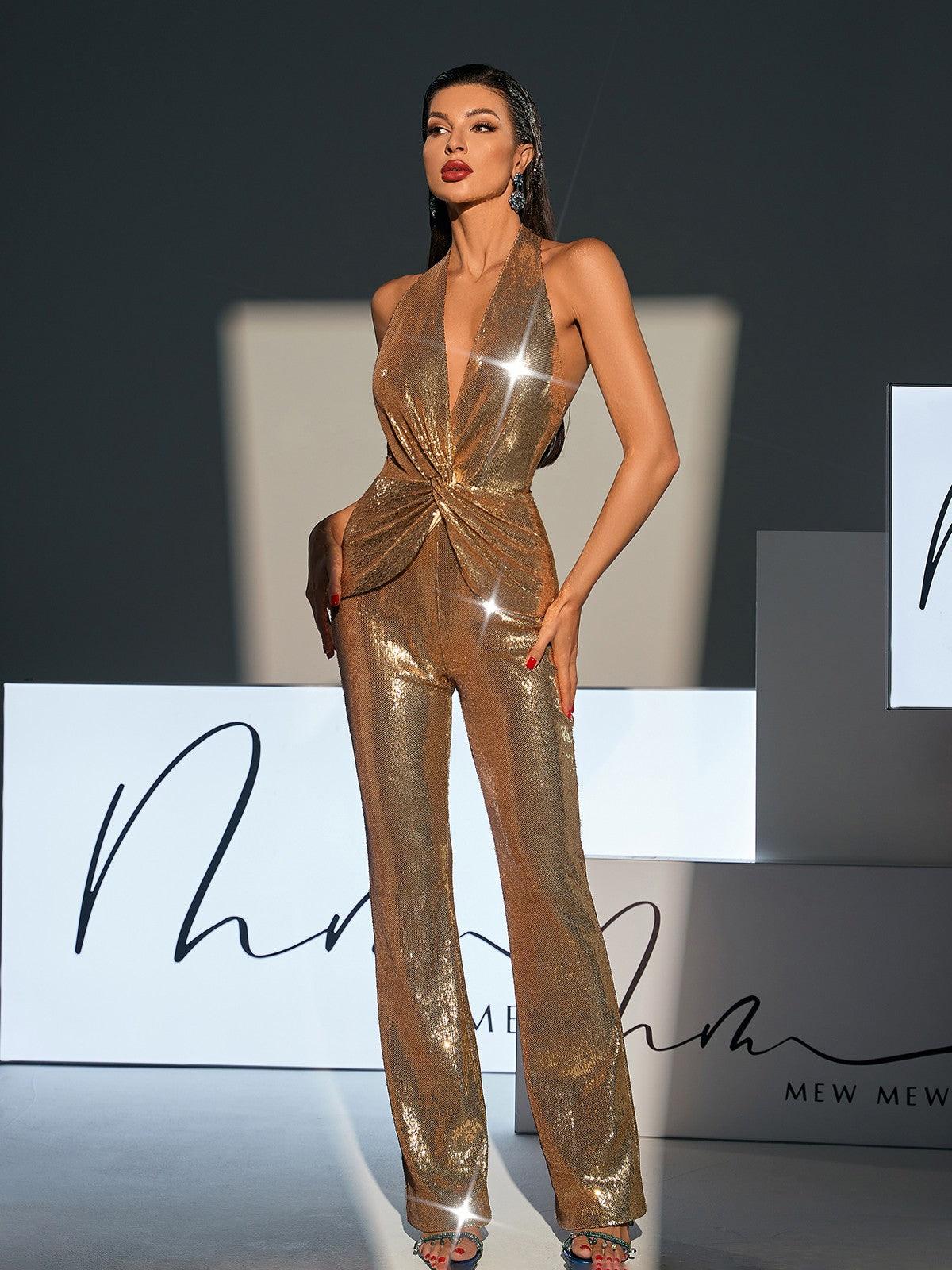 Enoch Backless Twisted Sequin Jumpsuit featuring a unique silhouette and glamorous design, perfect for parties.