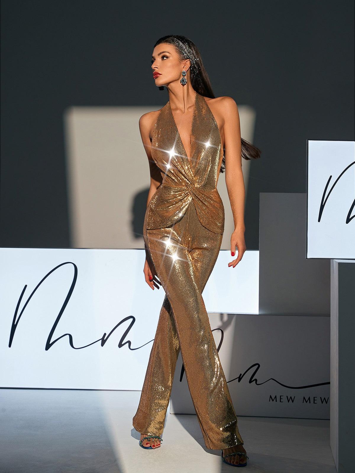 Close-up of the twisted design and sequins on the Enoch Backless Jumpsuit, highlighting its elegant and unique features.