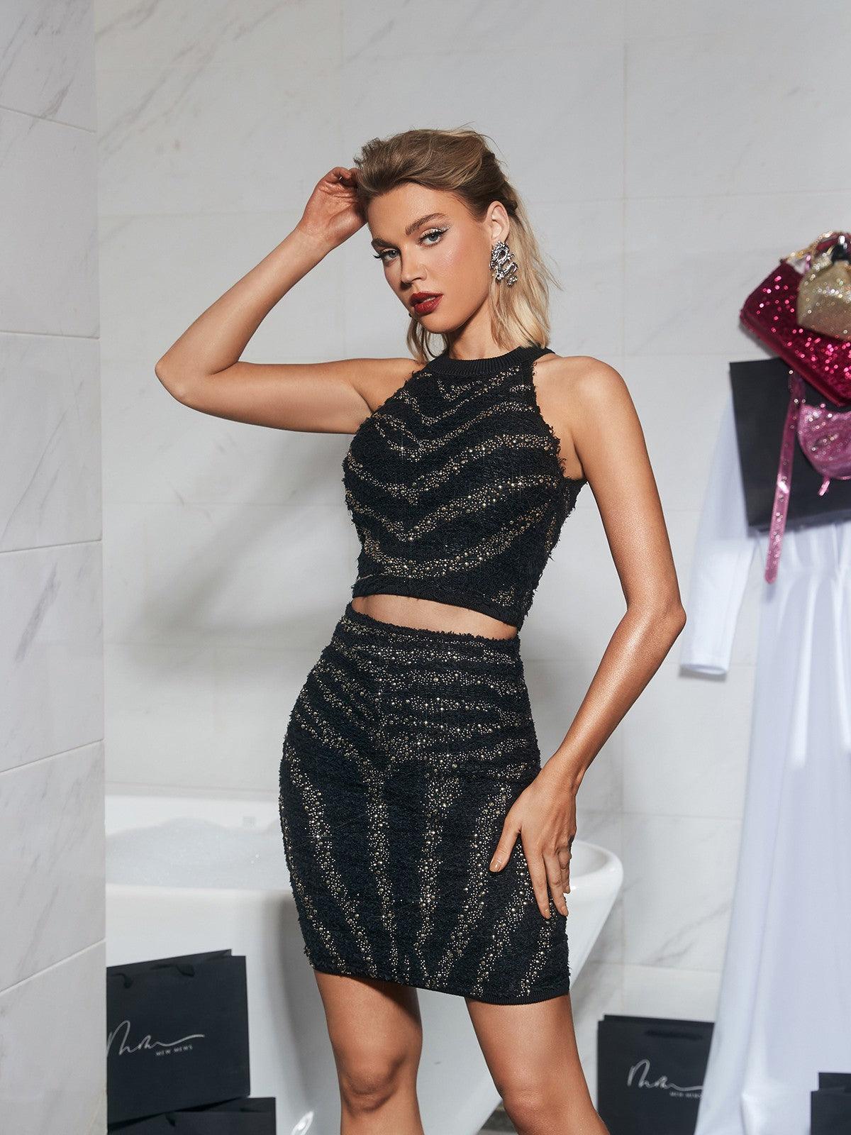 Enola Rhinestone Knitted Top in black, featuring stunning rhinestones for an eye-catching look.