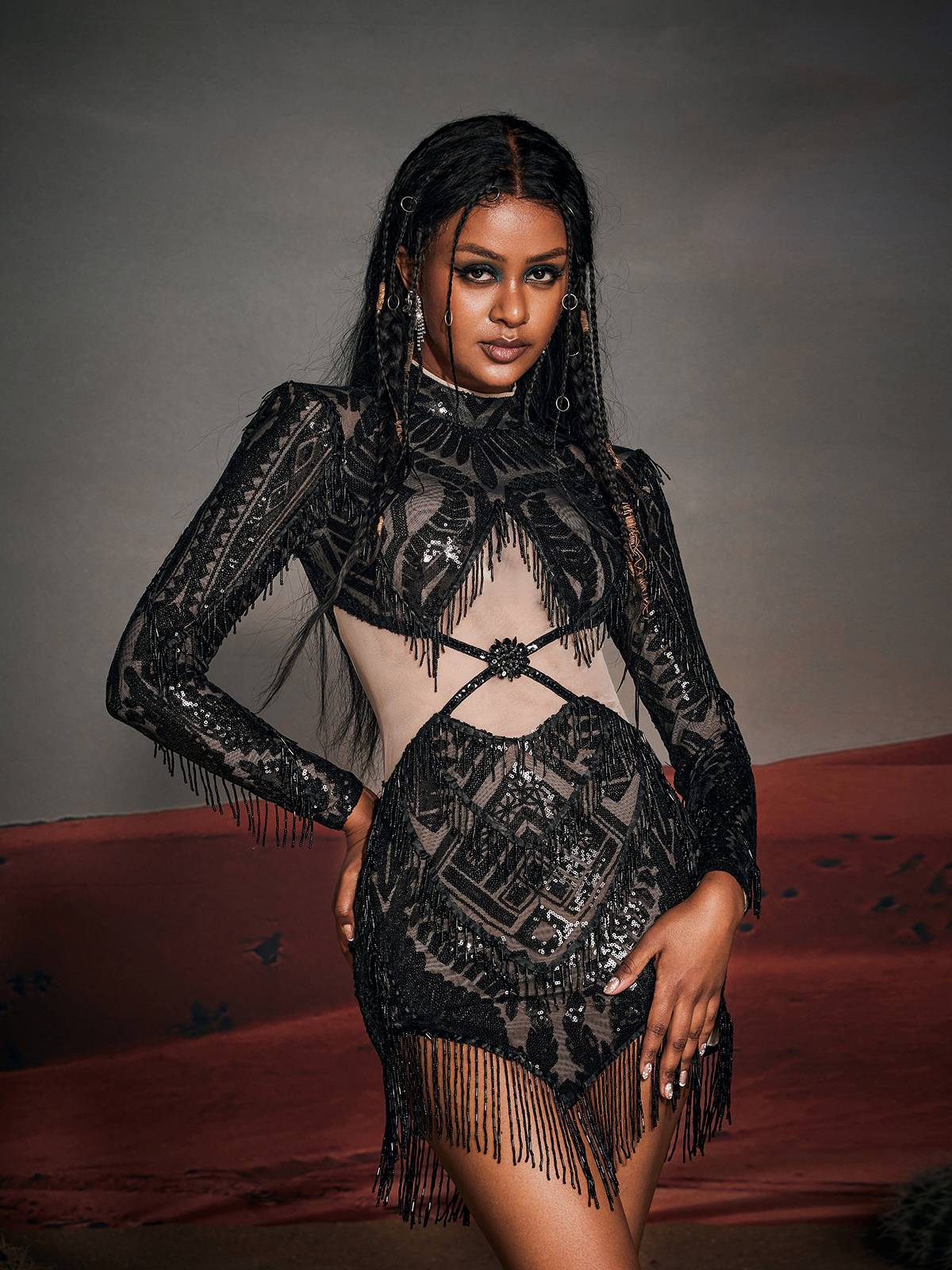 Enrique Long Sleeve Sequin Fringe Mini Dress in black, showcasing glamorous sequin and fringe details.