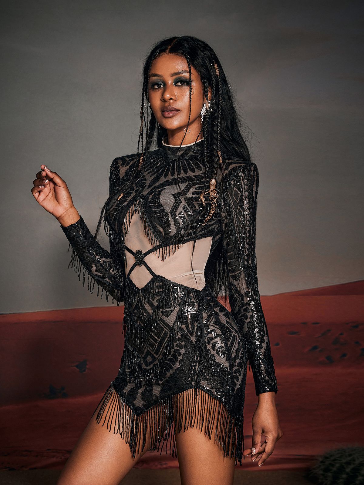 Close-up of the sequin and fringe detailing on the Enrique Long Sleeve Mini Dress, perfect for adding sparkle to any outfit.