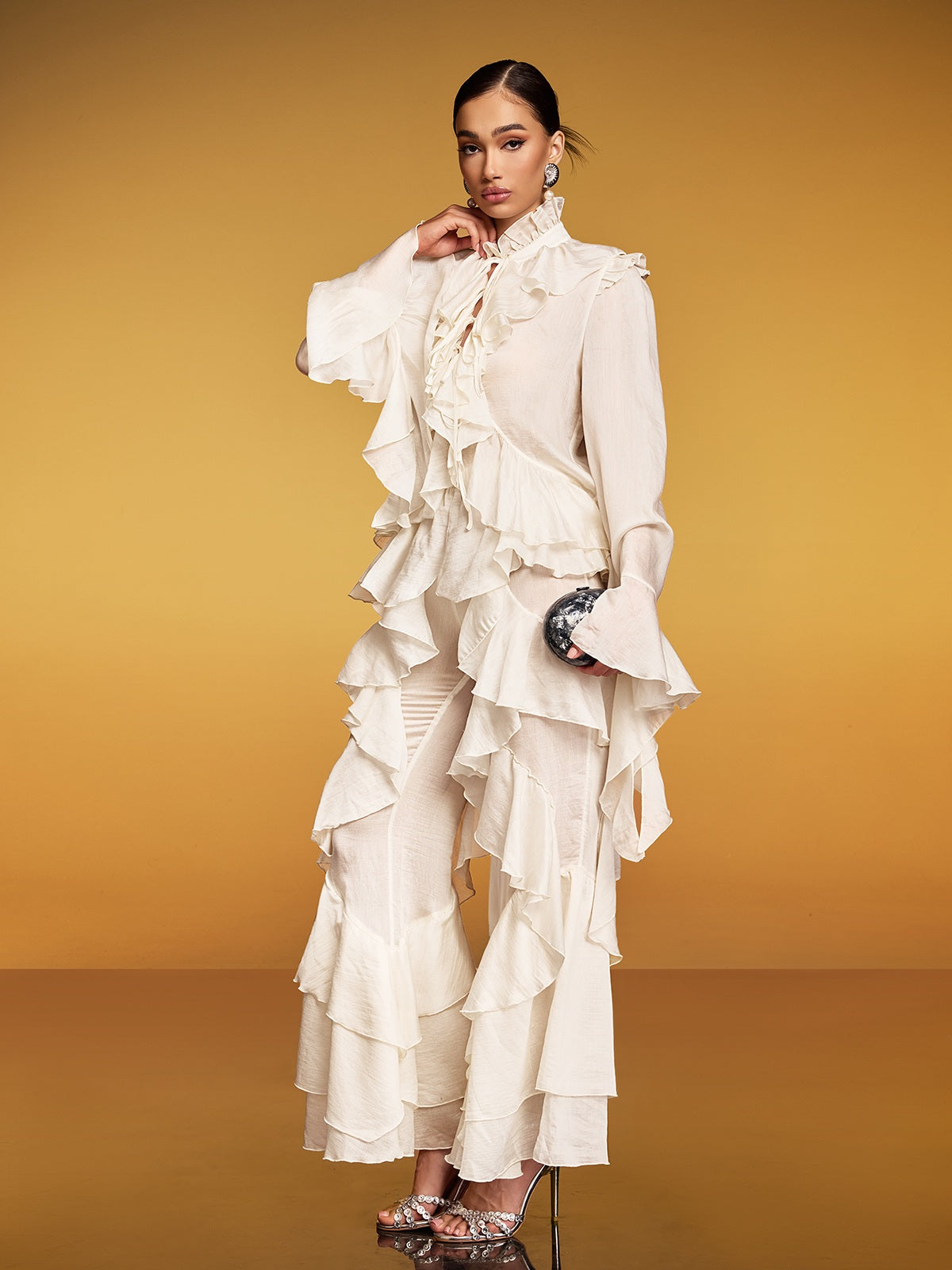 Enygram Tie Up Ruffle Pants Set