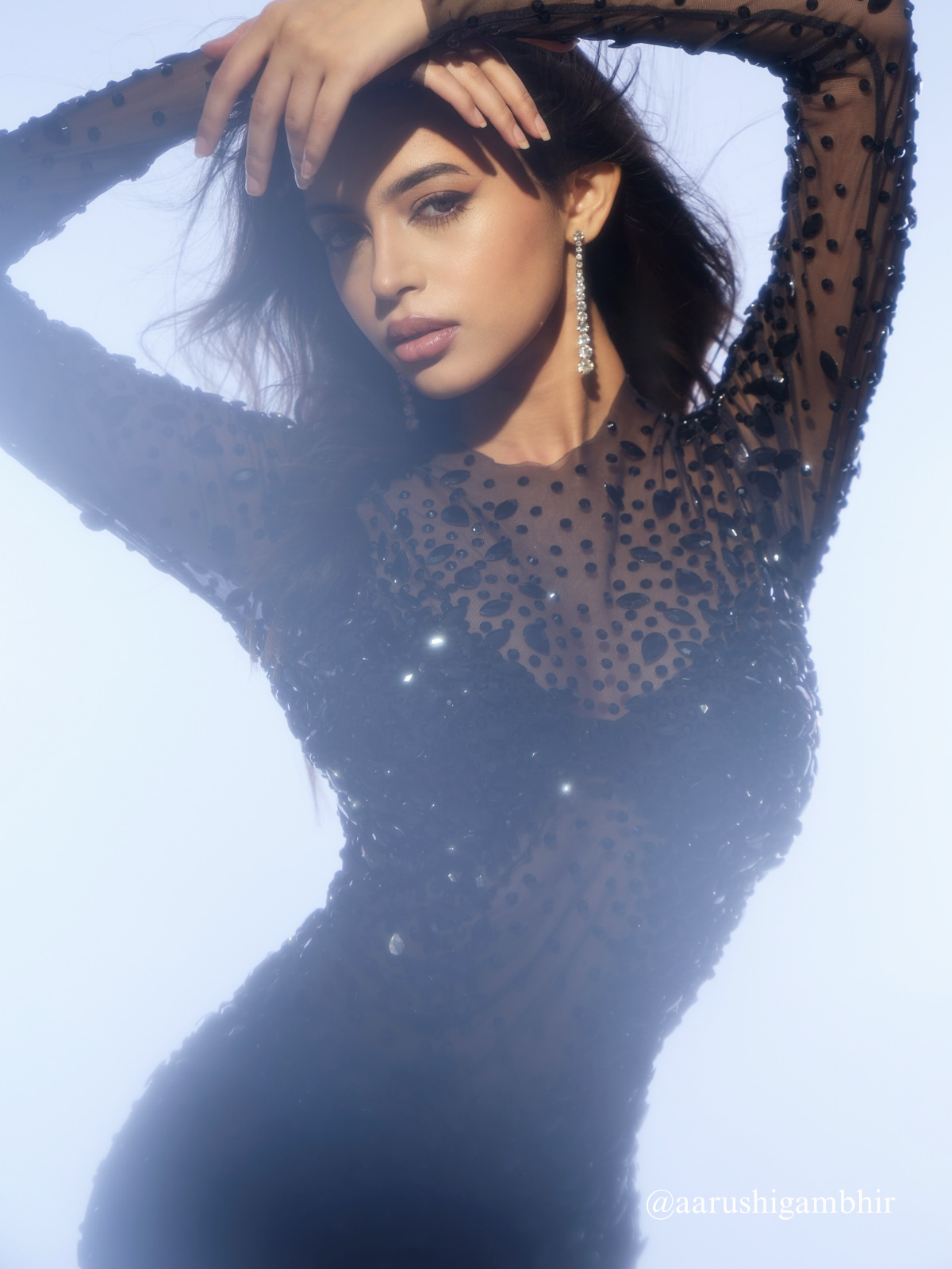 Eormengard Long Sleeve Rhinestone Maxi Dress In Black