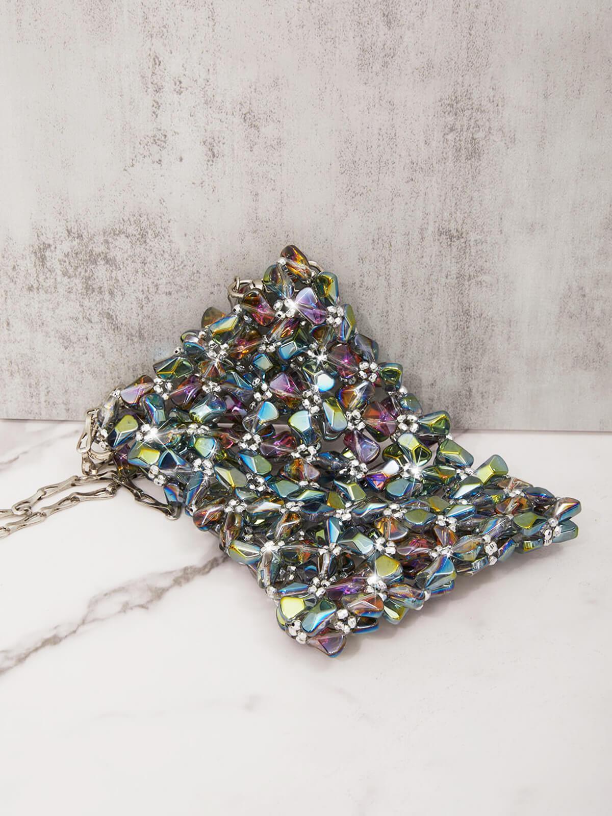 Erica Multi Crystal Cutout Bag showcasing intricate crystal cutout design and stylish elegance.