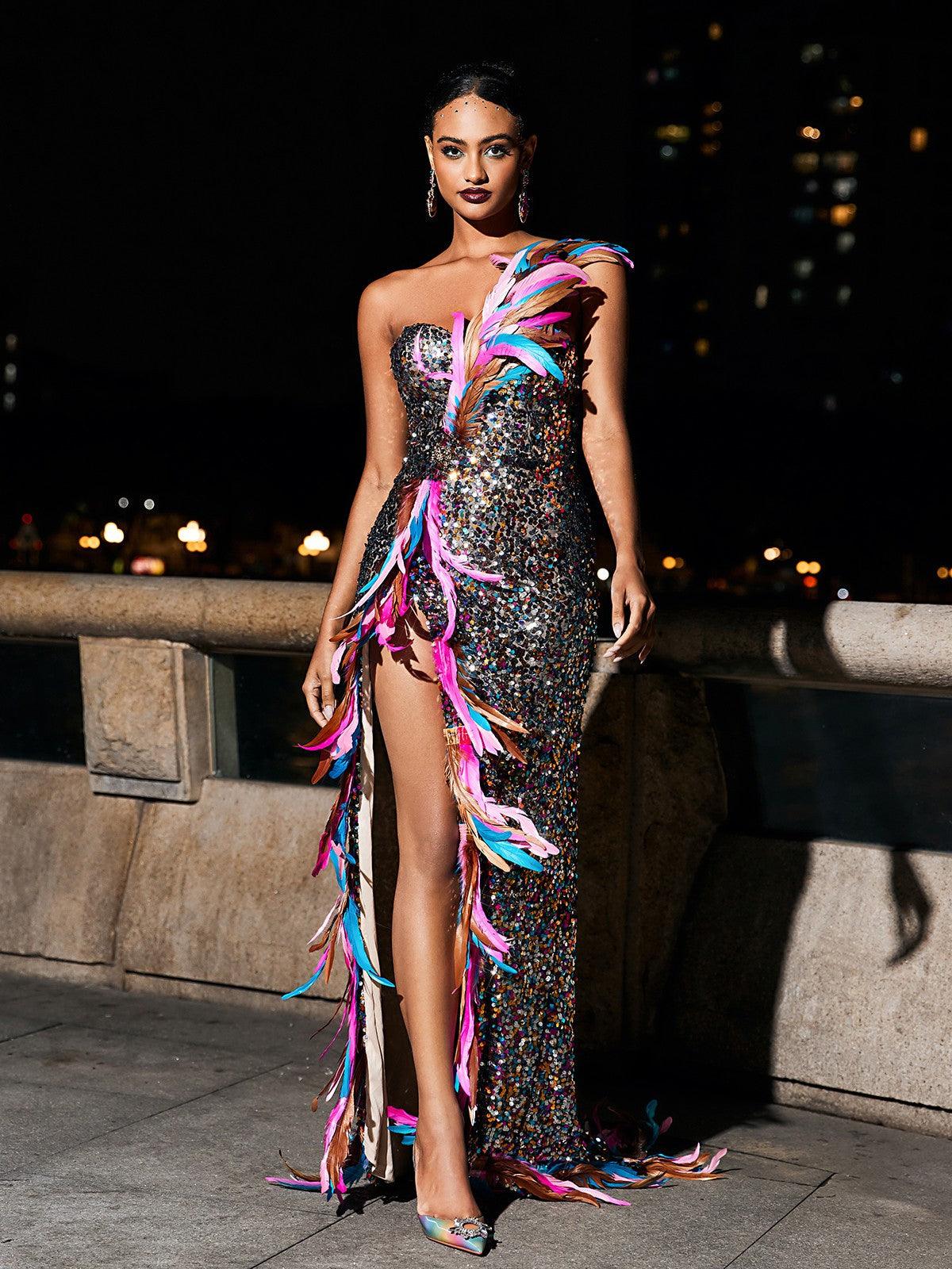 Elegant Ernest Strapless Feather Split Sequin Dress featuring shimmering sequins and a dramatic split, perfect for any special occasion.