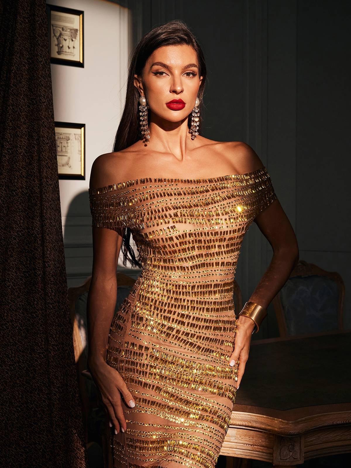 Eryx Off Shoulder Rhinestone Mesh Maxi Dress showcasing elegance and glamour for evening events.