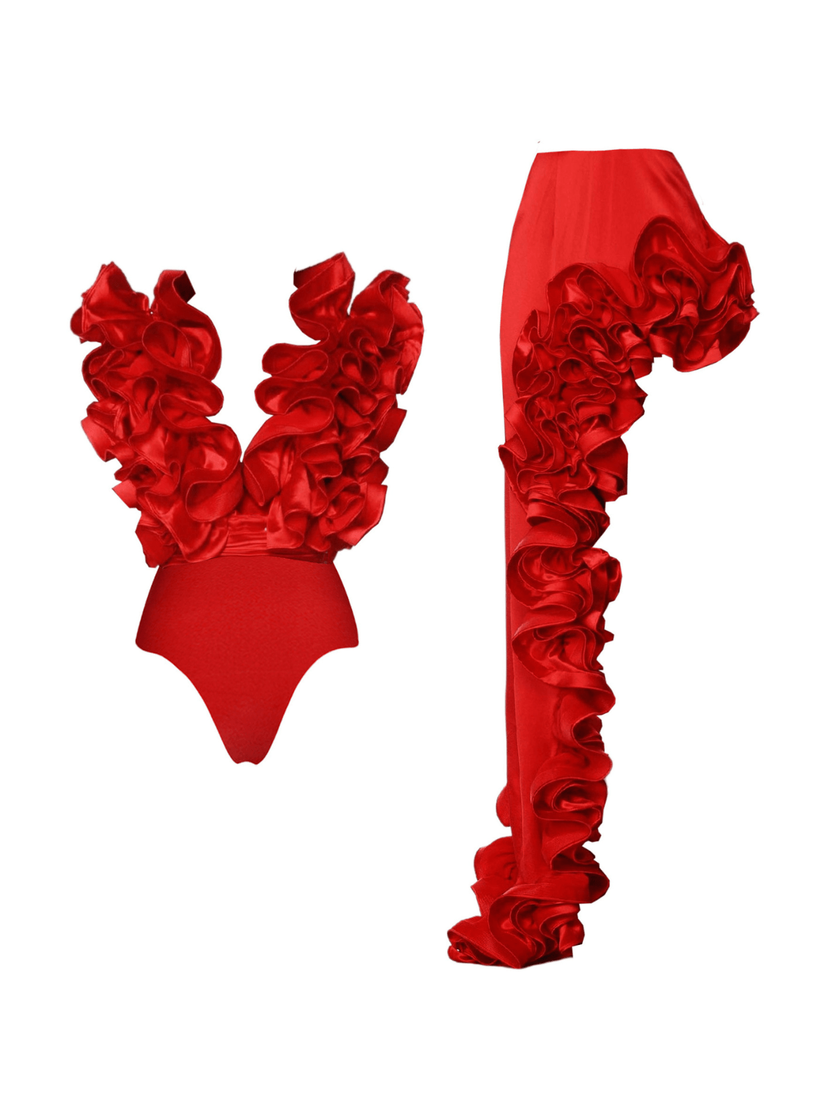Esad V Neck Ruched Two Piece Swimwear Set in vibrant red, perfect for beach and poolside fashion.