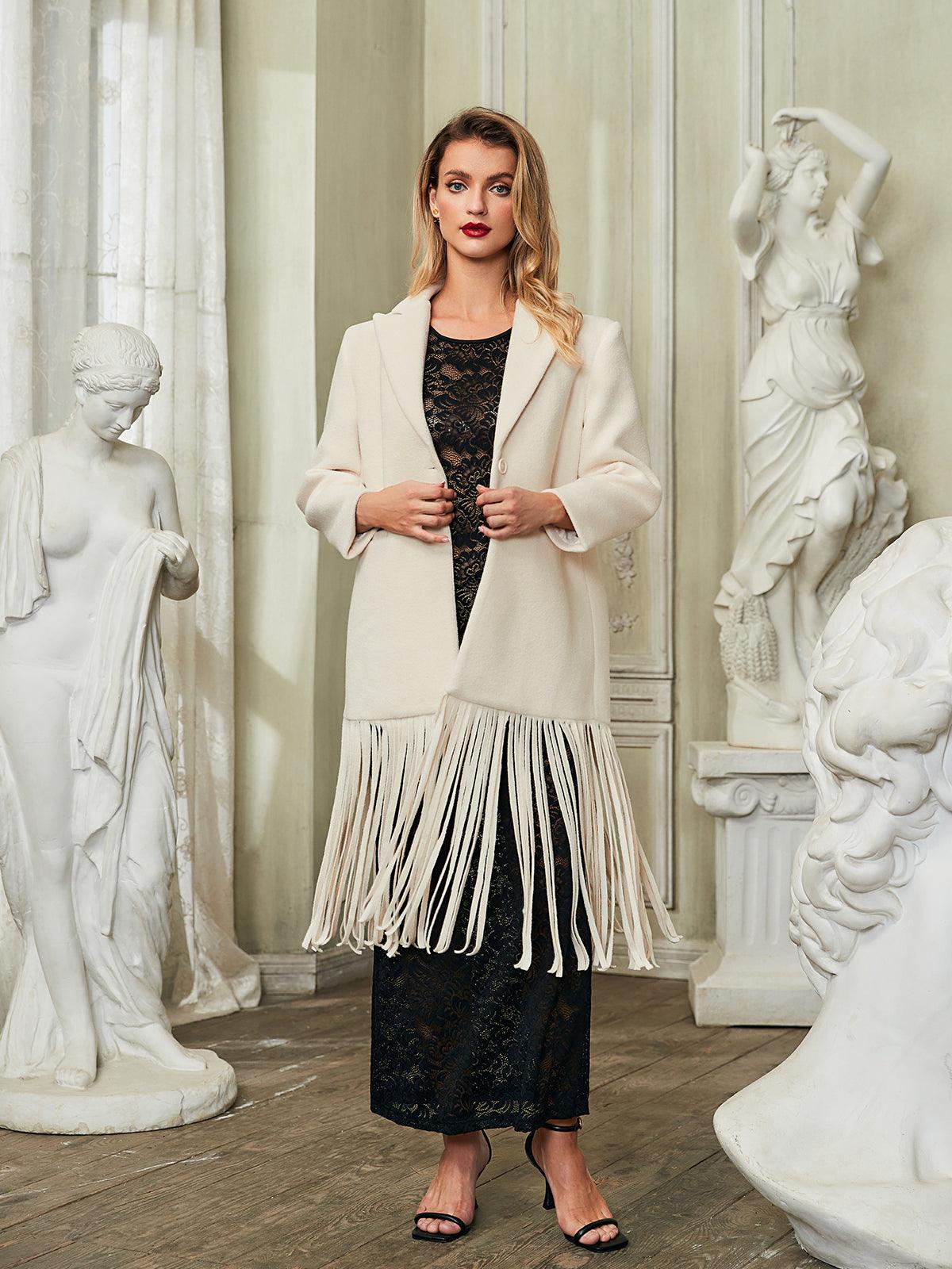 Back view of the Esclarmonde V Neck Fringe Woolen Coat, illustrating its flattering silhouette and warm woolen fabric.
