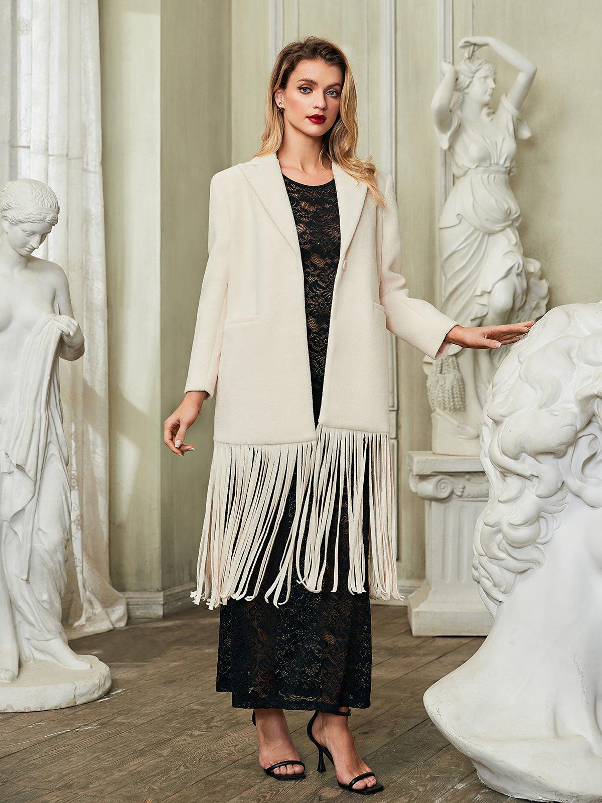 Esclarmonde V Neck Fringe Woolen Coat in white, showcasing a stylish design with fringe details for a chic winter look.