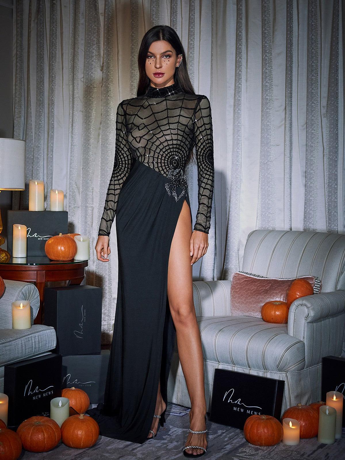 Esmeree Long Sleeve Cobweb Sequin Split Dress showcasing intricate sequin design and elegant silhouette.