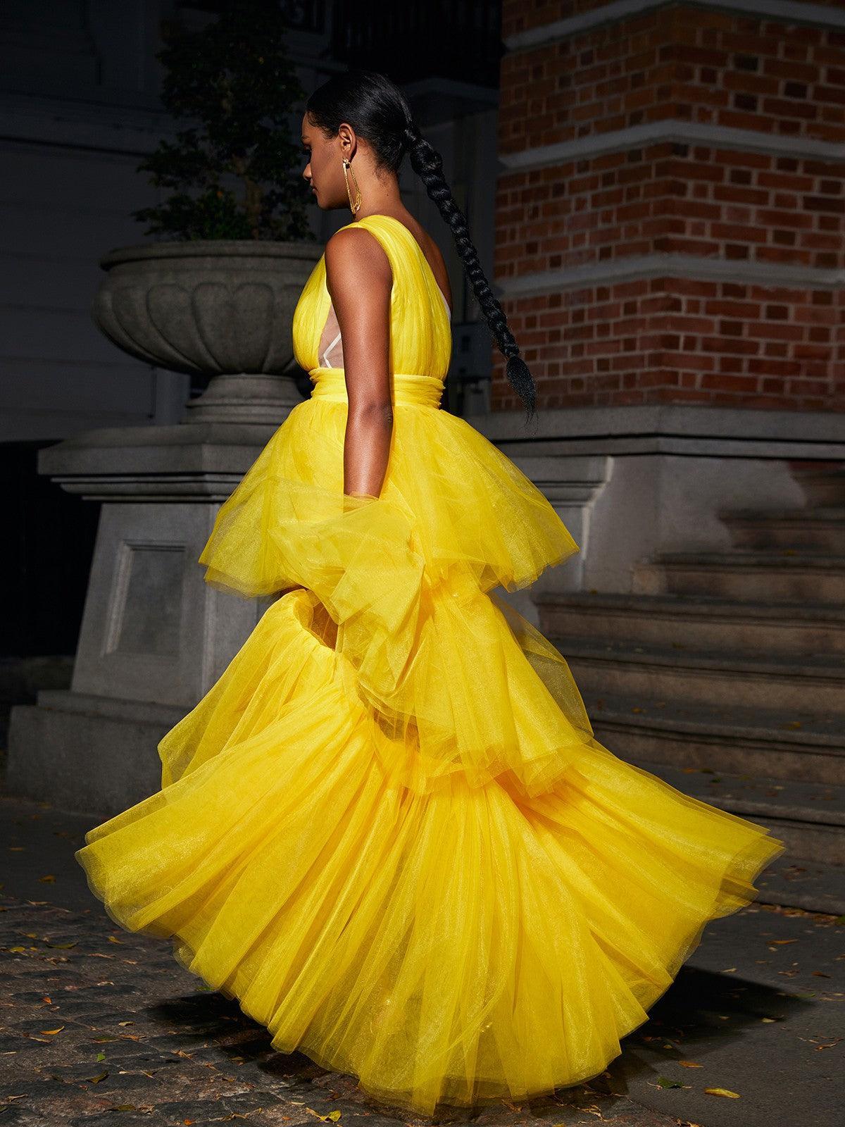 Essie One Shoulder Tulle Maxi Dress in yellow, perfect for formal occasions and evening events, showcasing a unique neckline and lightweight fabric.