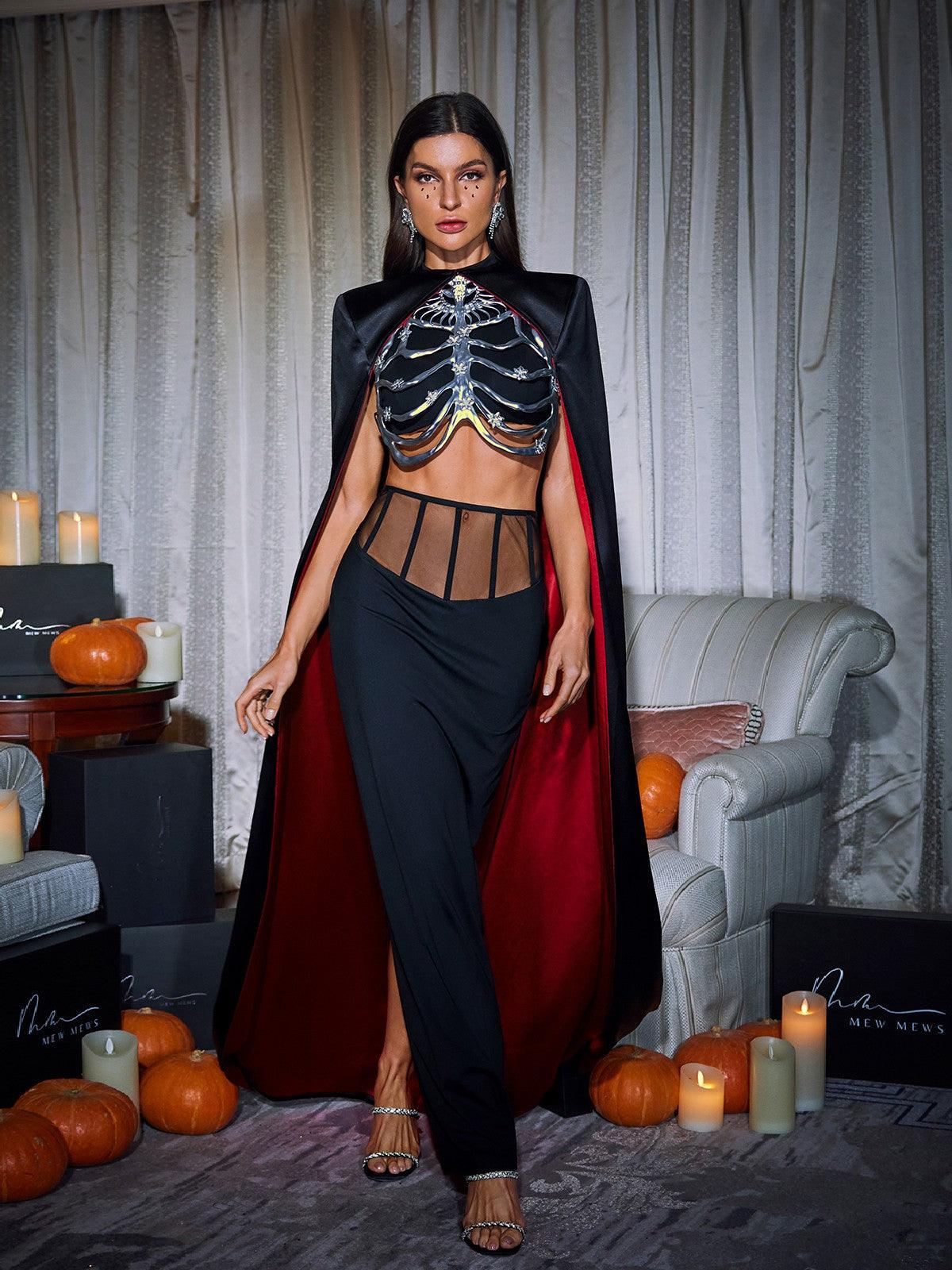 Model wearing the Esther Cape Skirt Set, demonstrating its stylish cape and versatile design.
