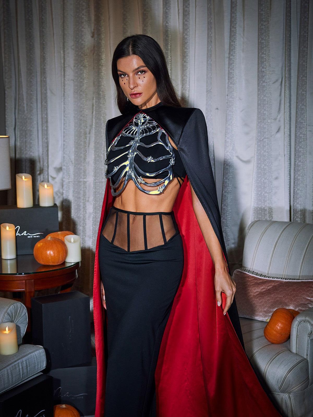 Close-up of the Esther Cape Skirt Set showcasing the high-quality polyester fabric.