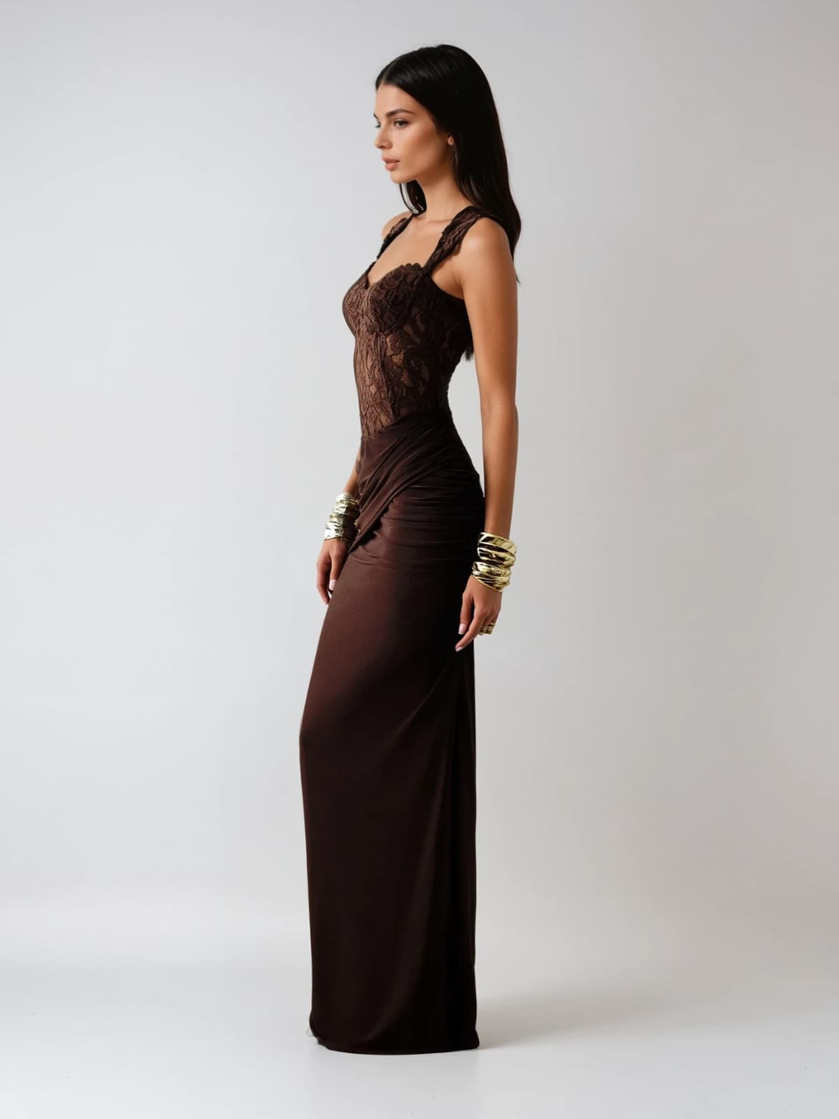 Eternis Sleeveless Lace Ruched Maxi Dress