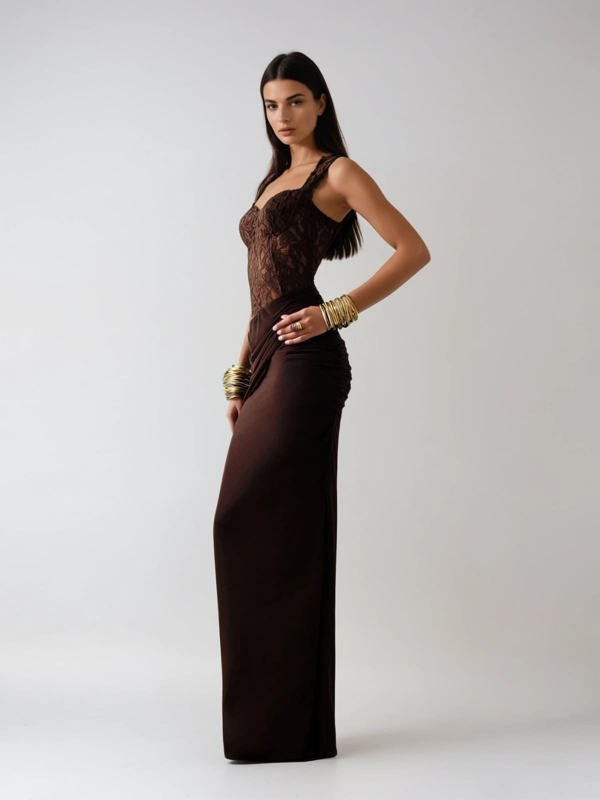 Eternis Sleeveless Lace Ruched Maxi Dress