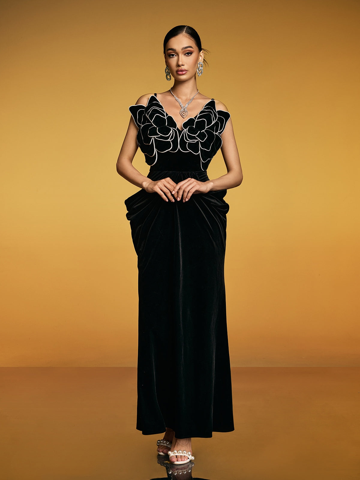 Etherion Spaghetti Flower Velvet Maxi Dress