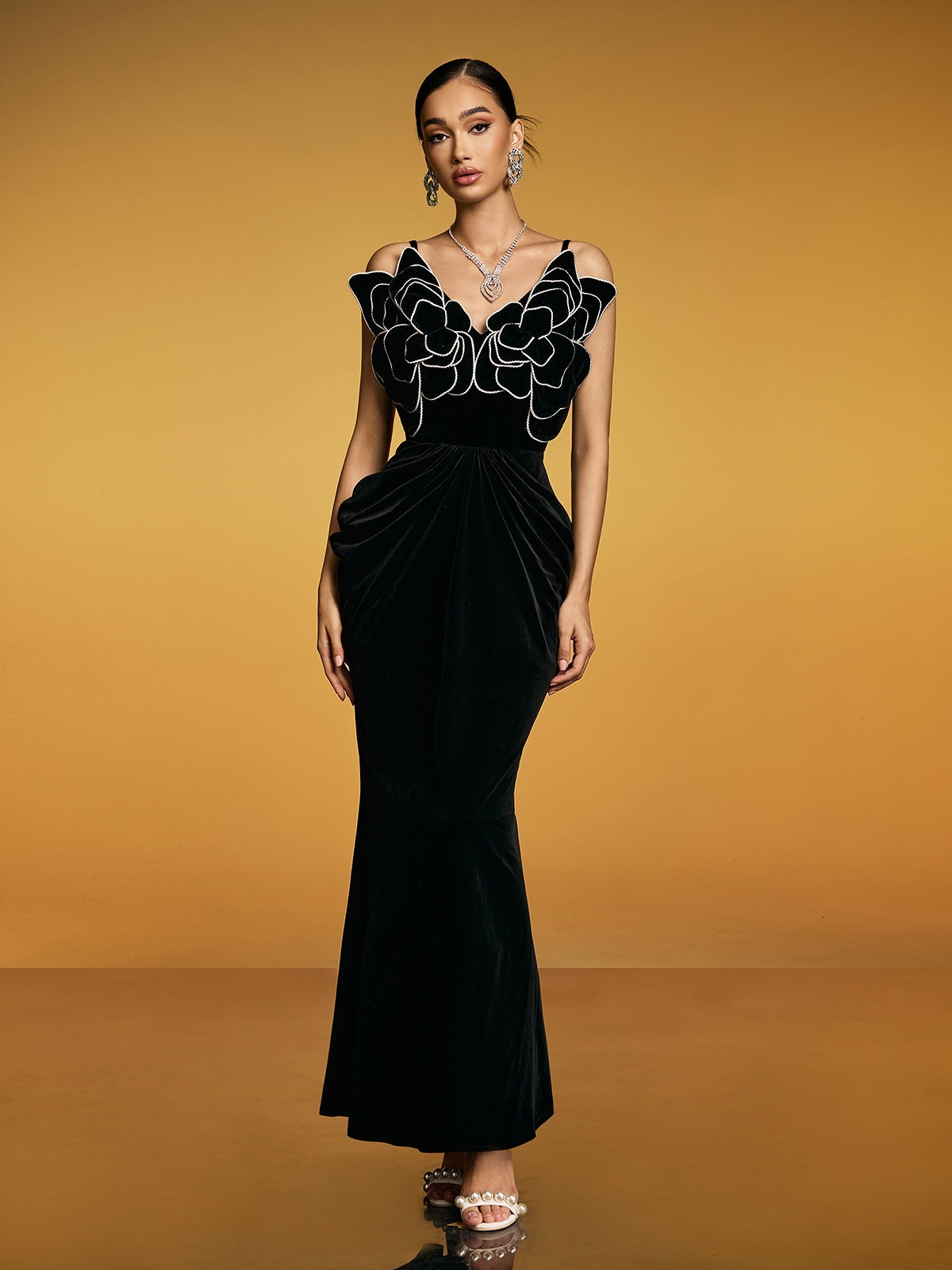 Etherion Spaghetti Flower Velvet Maxi Dress