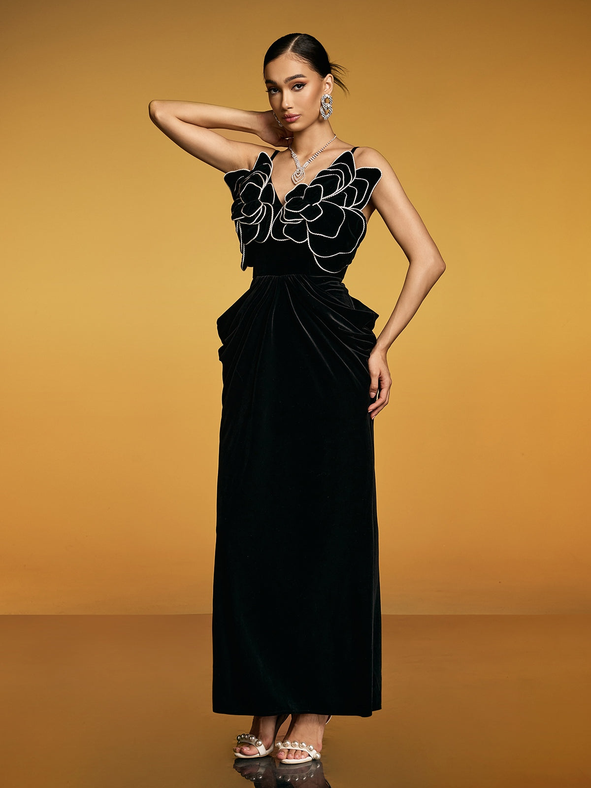 Etherion Spaghetti Flower Velvet Maxi Dress