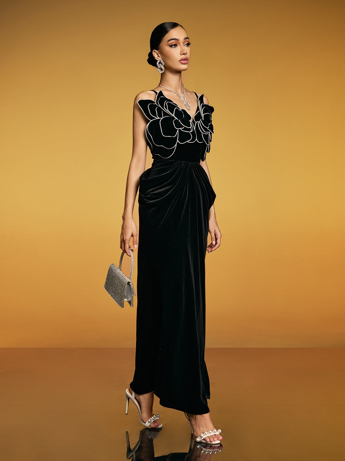 Etherion Spaghetti Flower Velvet Maxi Dress
