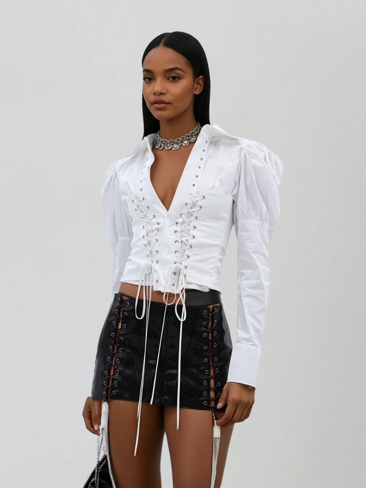 Etheron Folded Collar Lace Up Shirt