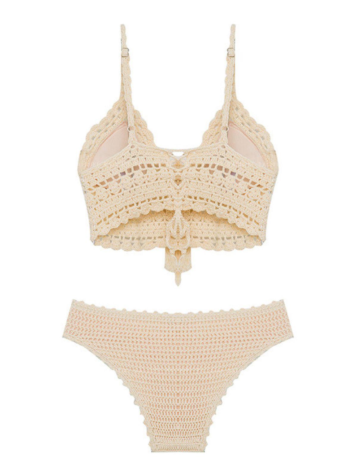 Etta Knitted Bikini Two Piece Set in Beige, featuring spaghetti straps and a flirty design, perfect for summer beachwear.