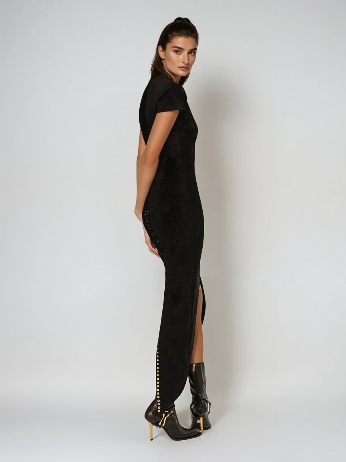 Evania V Neck Velvet Split Midi Dress