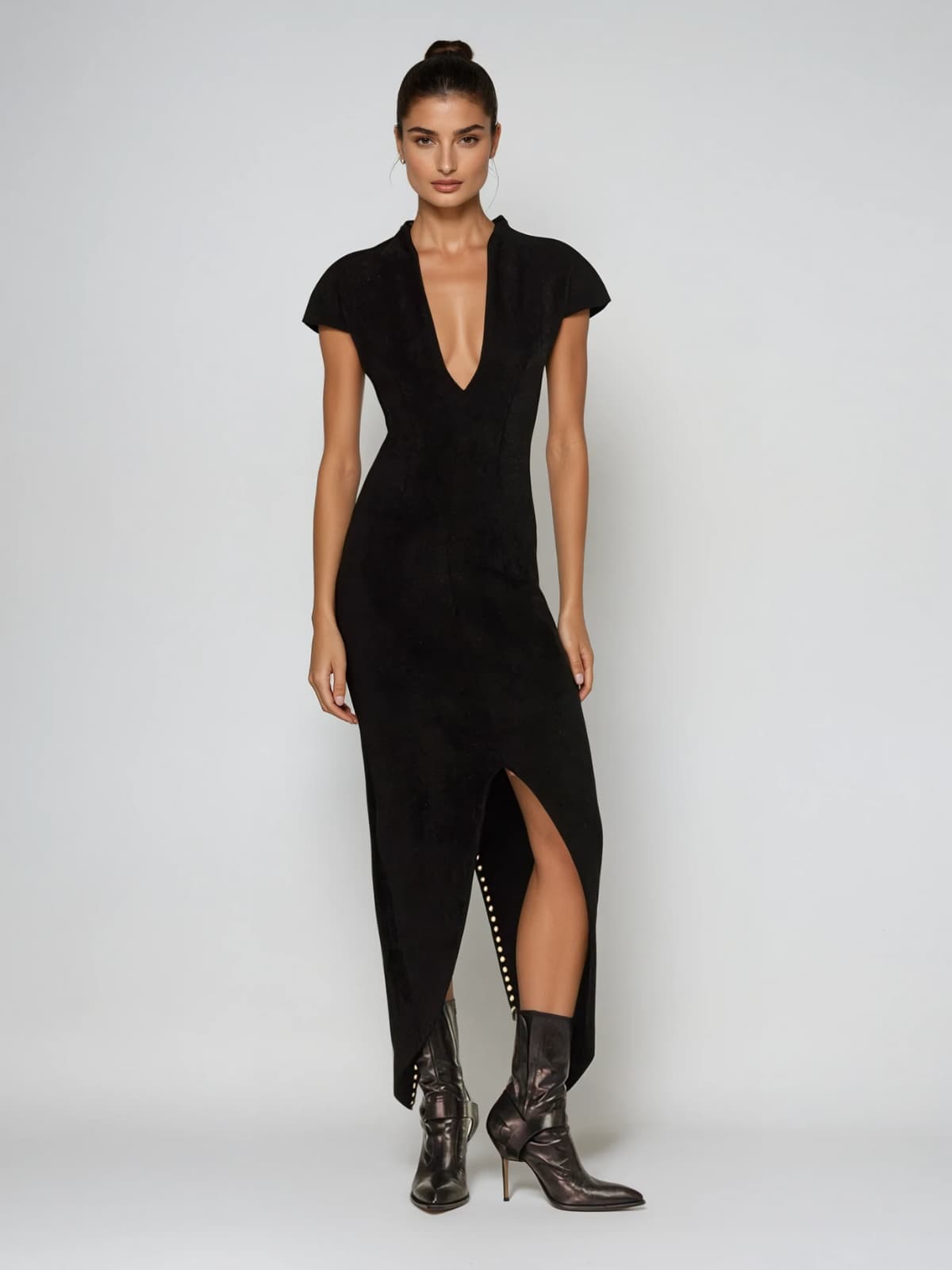 Evania V Neck Velvet Split Midi Dress