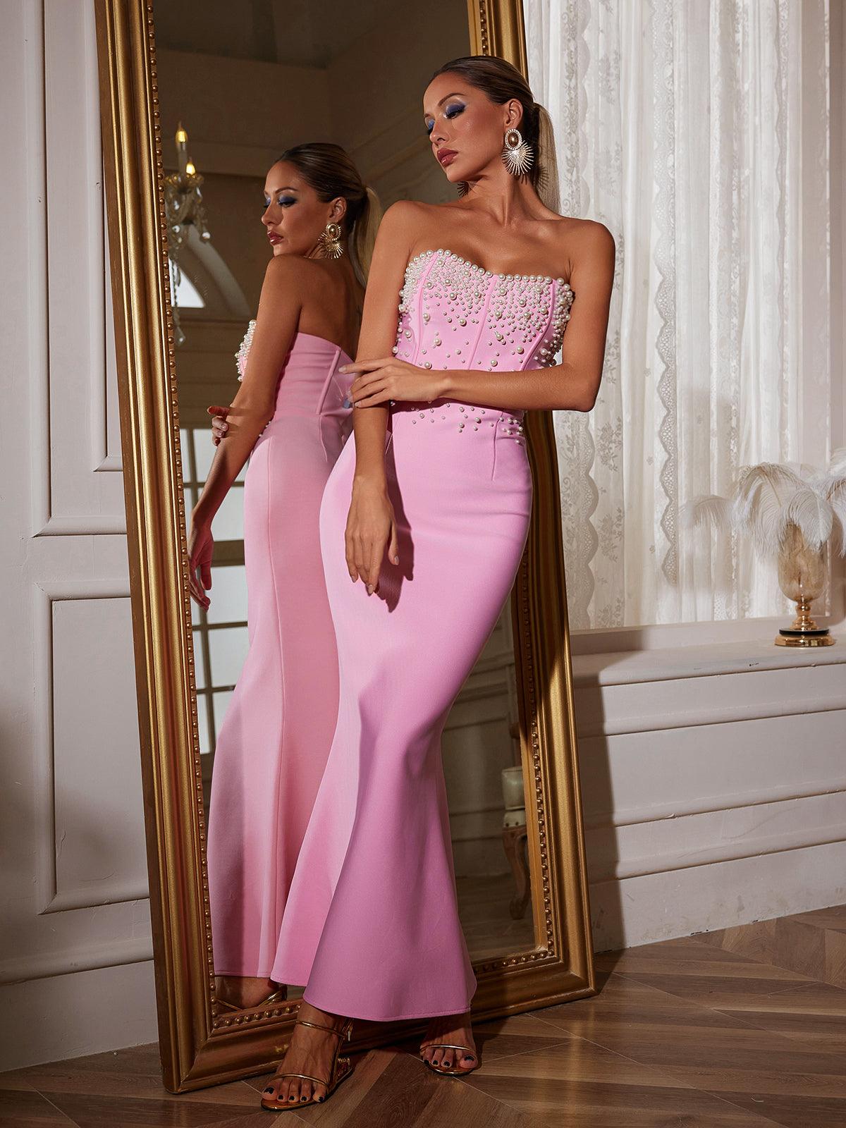 Close-up of the Everett Strapless Pearl Bandage Dress, highlighting exquisite pearl details and luxurious fabric texture.