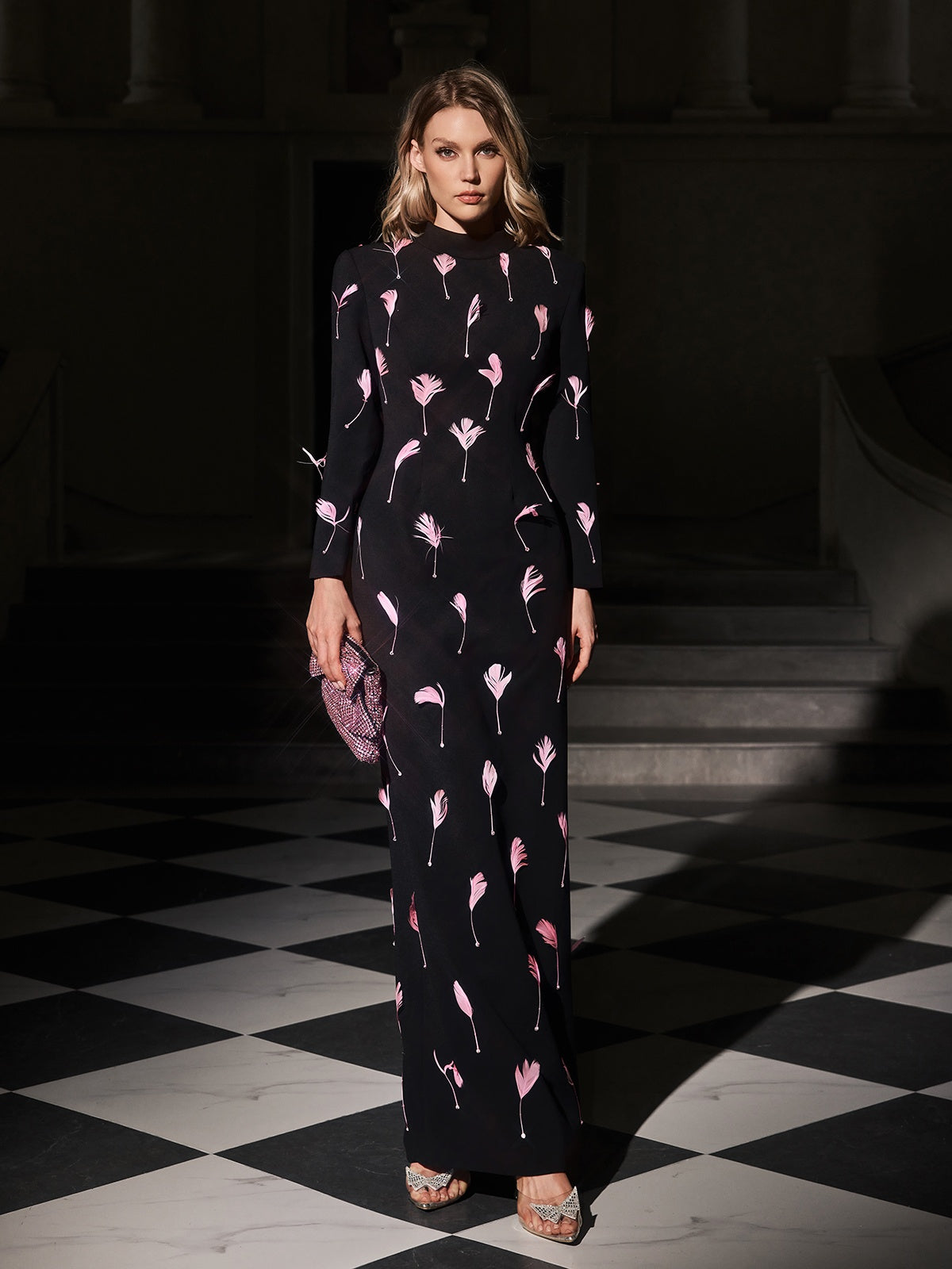 Evyra Cutout Feather Split Maxi Dress