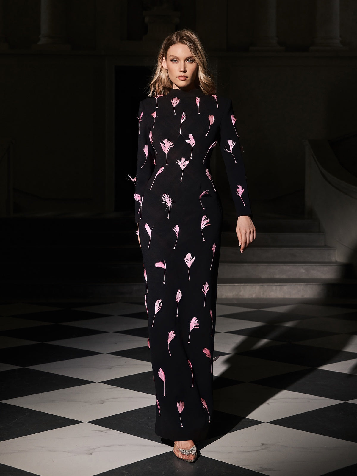 Evyra Cutout Feather Split Maxi Dress