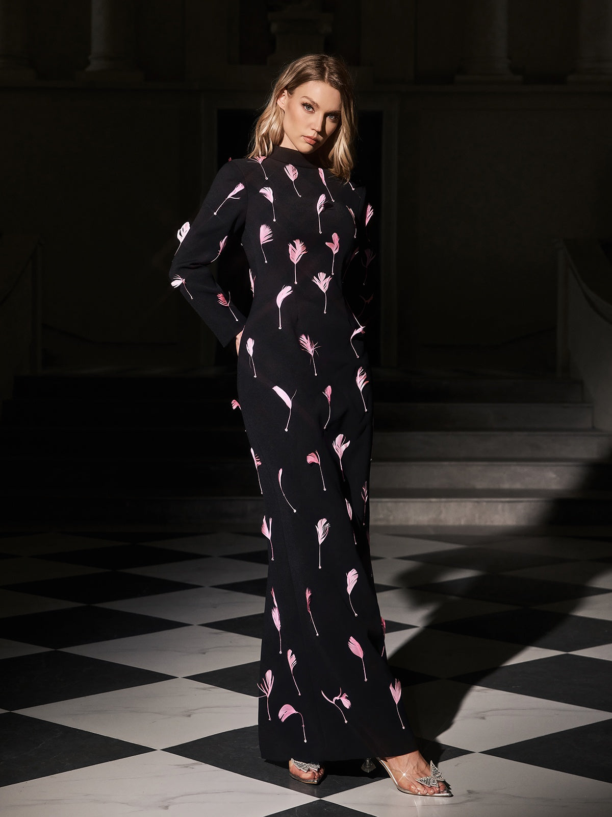 Evyra Cutout Feather Split Maxi Dress