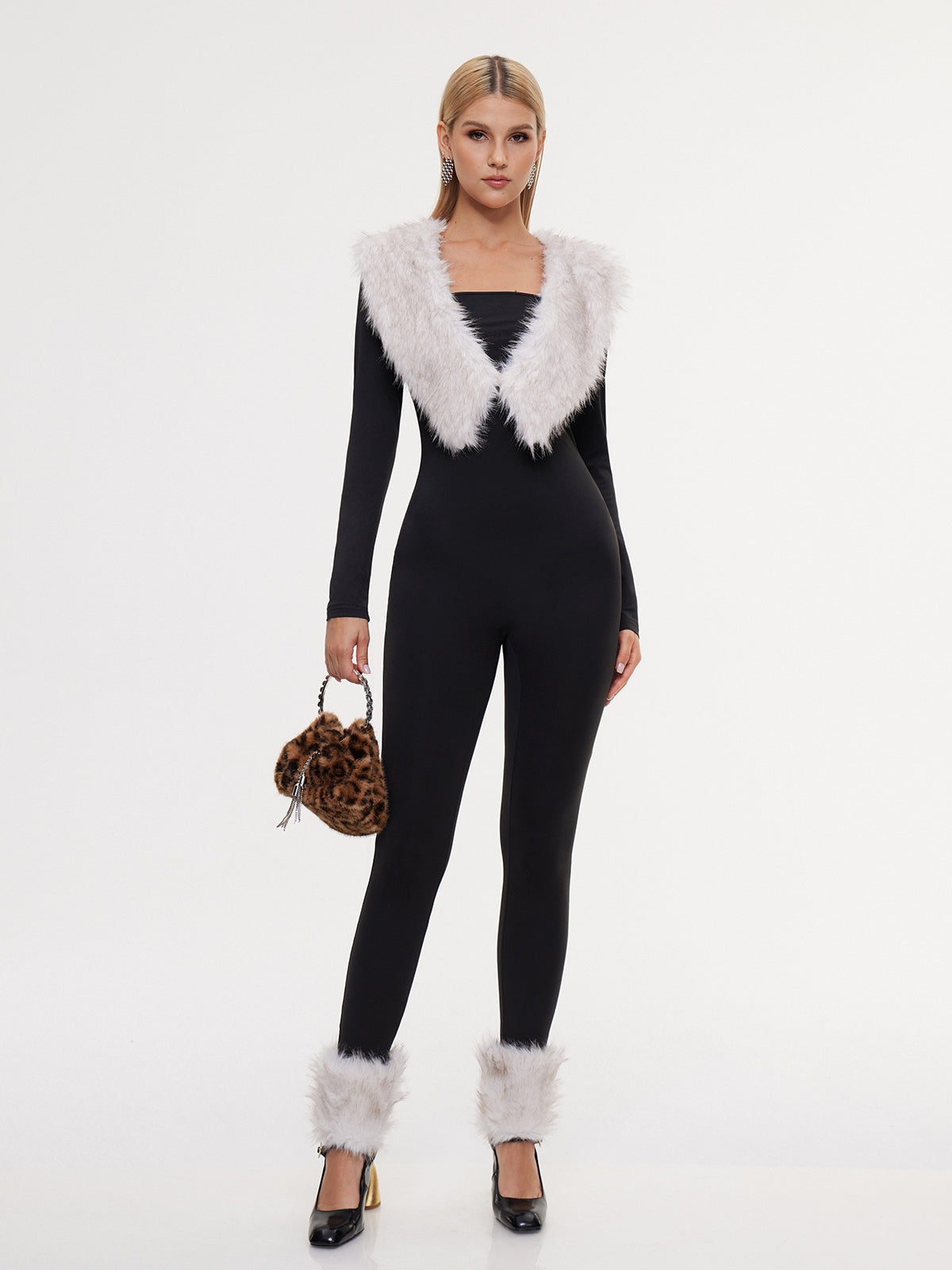 Exodia Plunge Neck Faux Fur Jumpsuit With Footmuffs