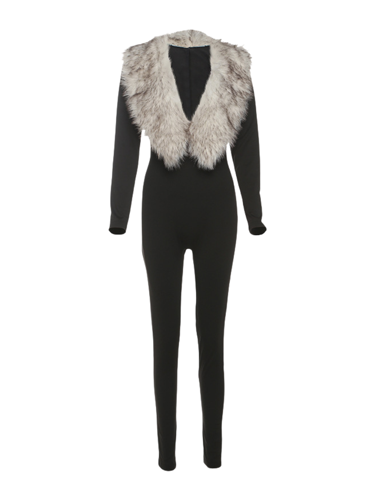 Exodia Plunge Neck Faux Fur Jumpsuit With Footmuffs
