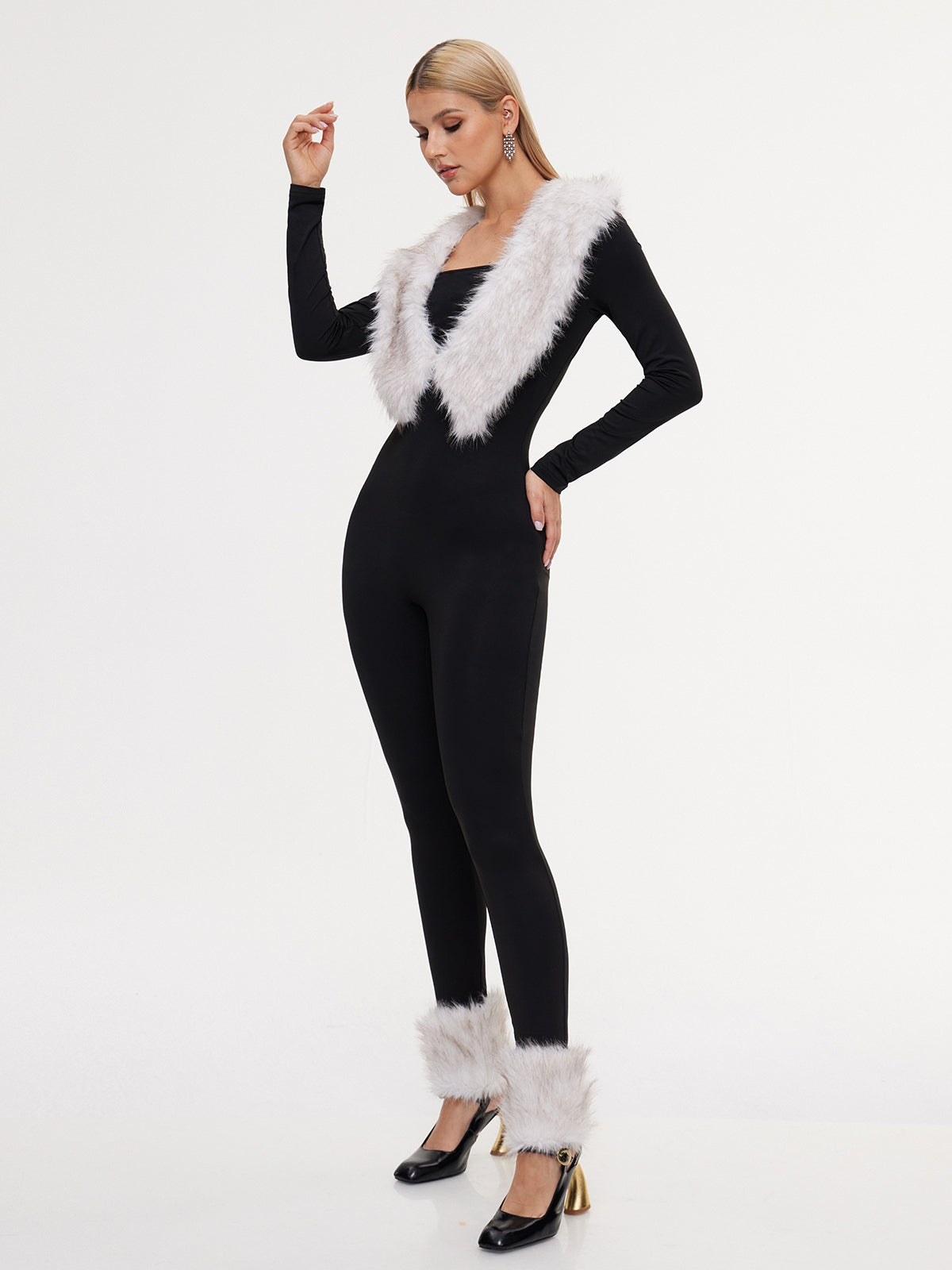Exodia Plunge Neck Faux Fur Jumpsuit With Footmuffs