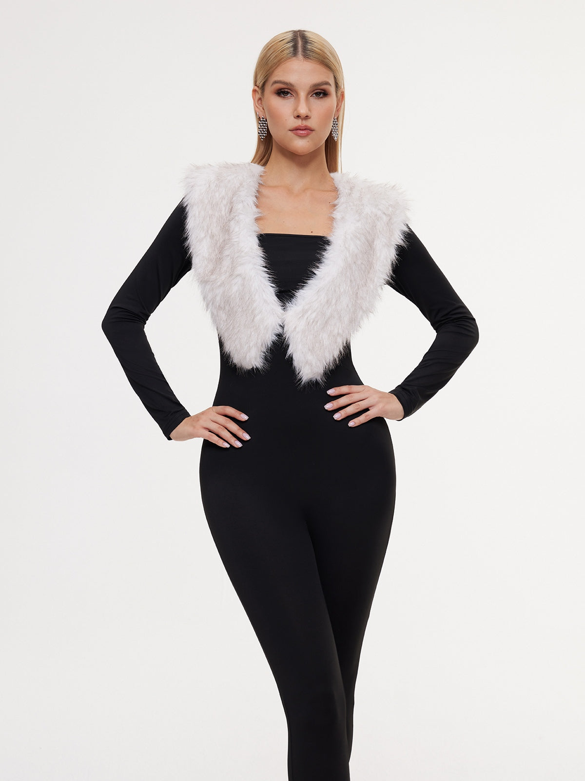 Exodia Plunge Neck Faux Fur Jumpsuit With Footmuffs