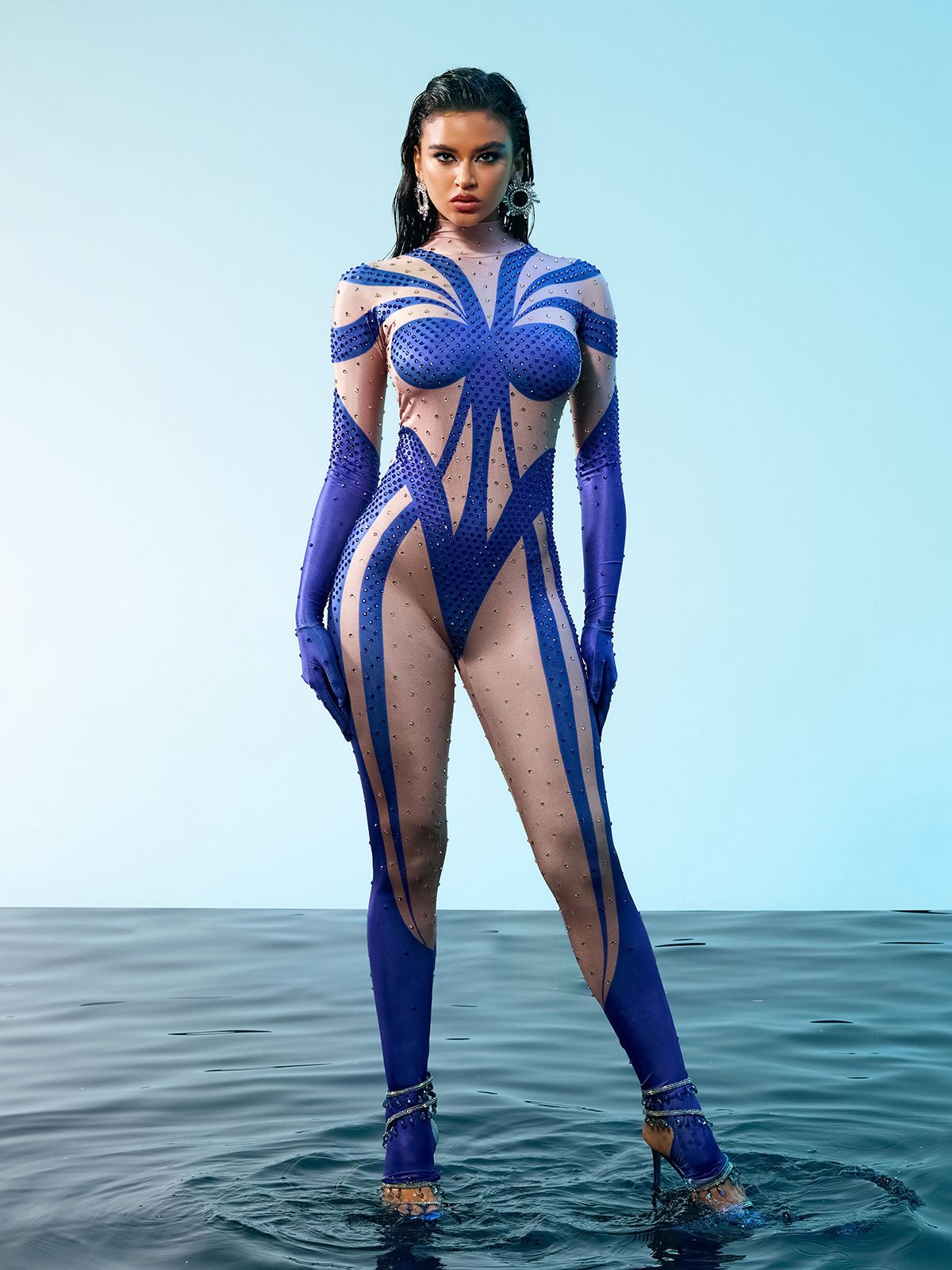 Fabian Rhinestone Printed Gloves Jumpsuit in Blue showcasing elegant design and luxurious fabric.