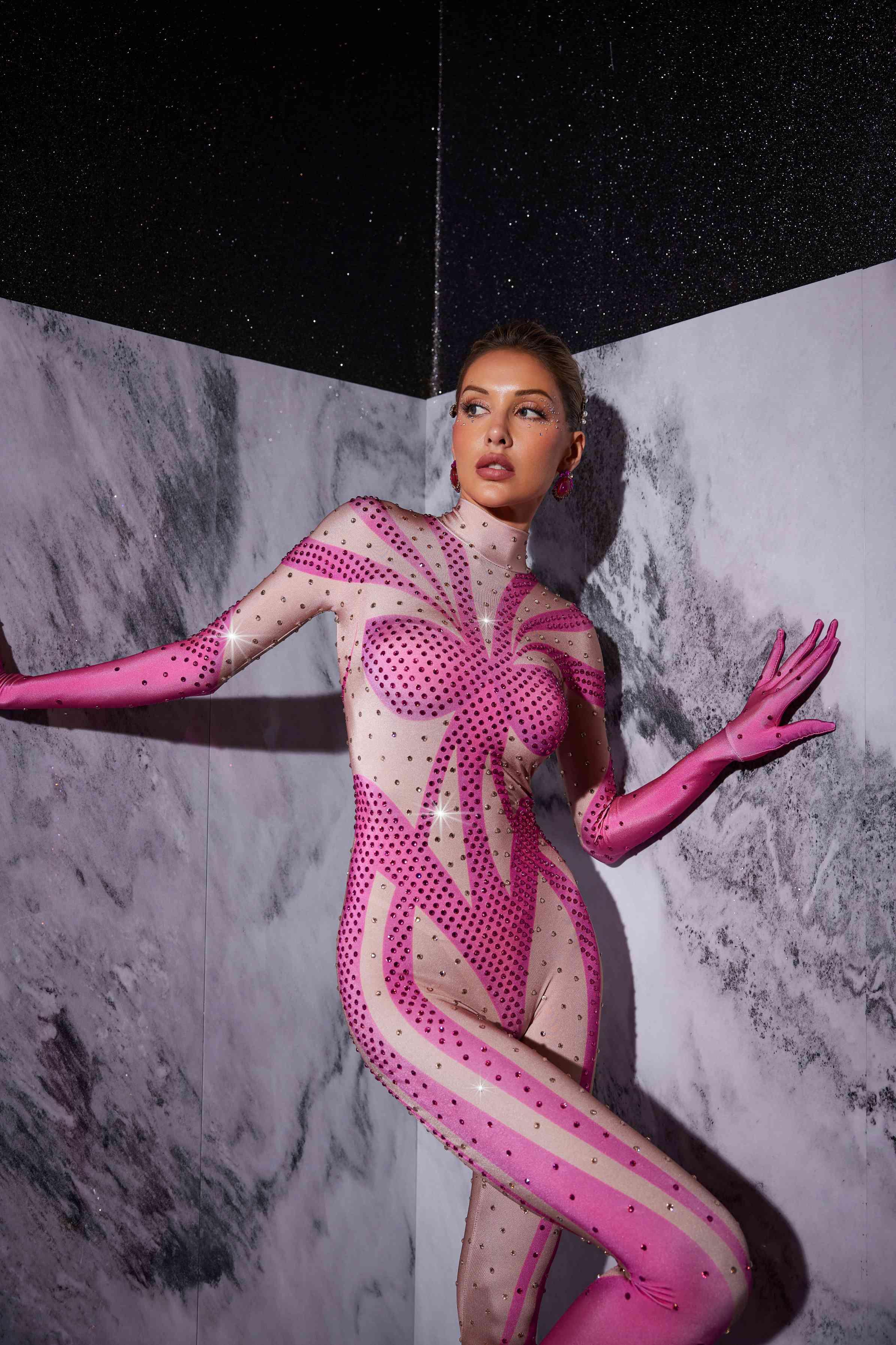 Fabian Rhinestone Printed Gloves Jumpsuit in pink, showcasing elegant embellishments and sophisticated style for evening wear.