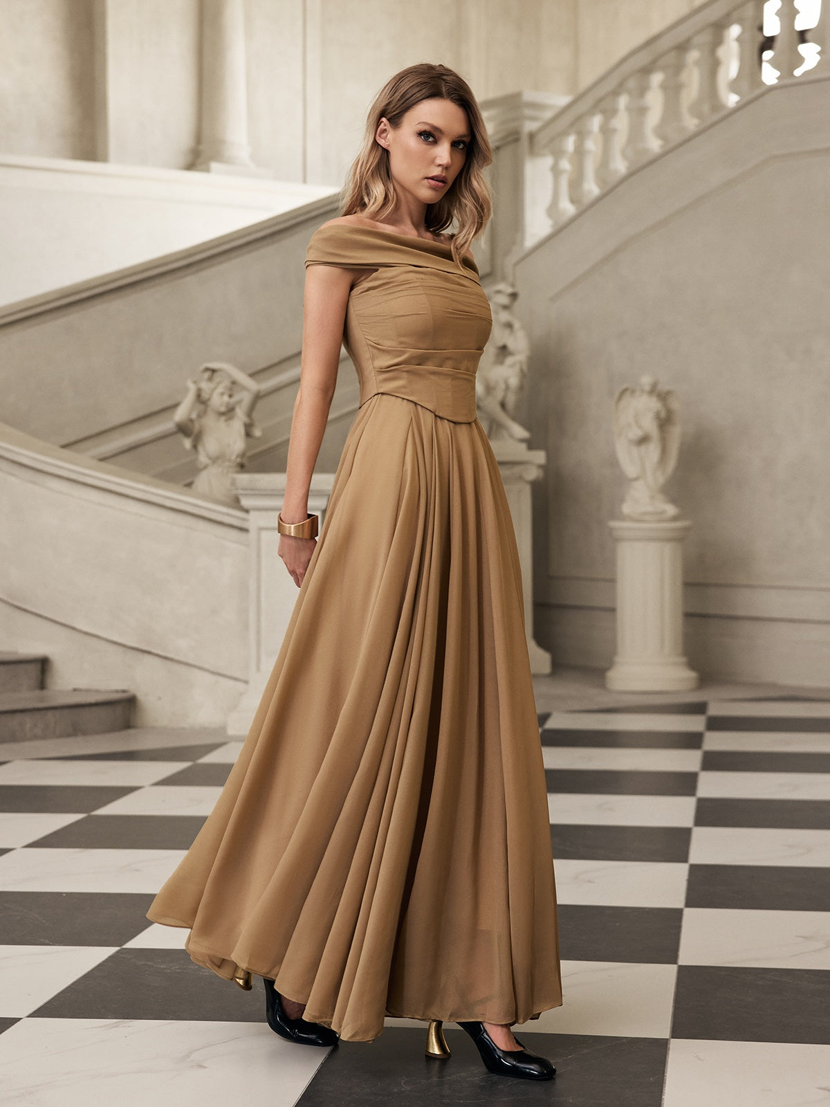 Faldrek Off Shoulder Maxi Dress In Apricot