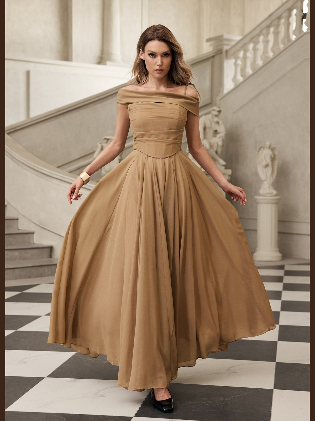 Faldrek Off Shoulder Maxi Dress In Apricot