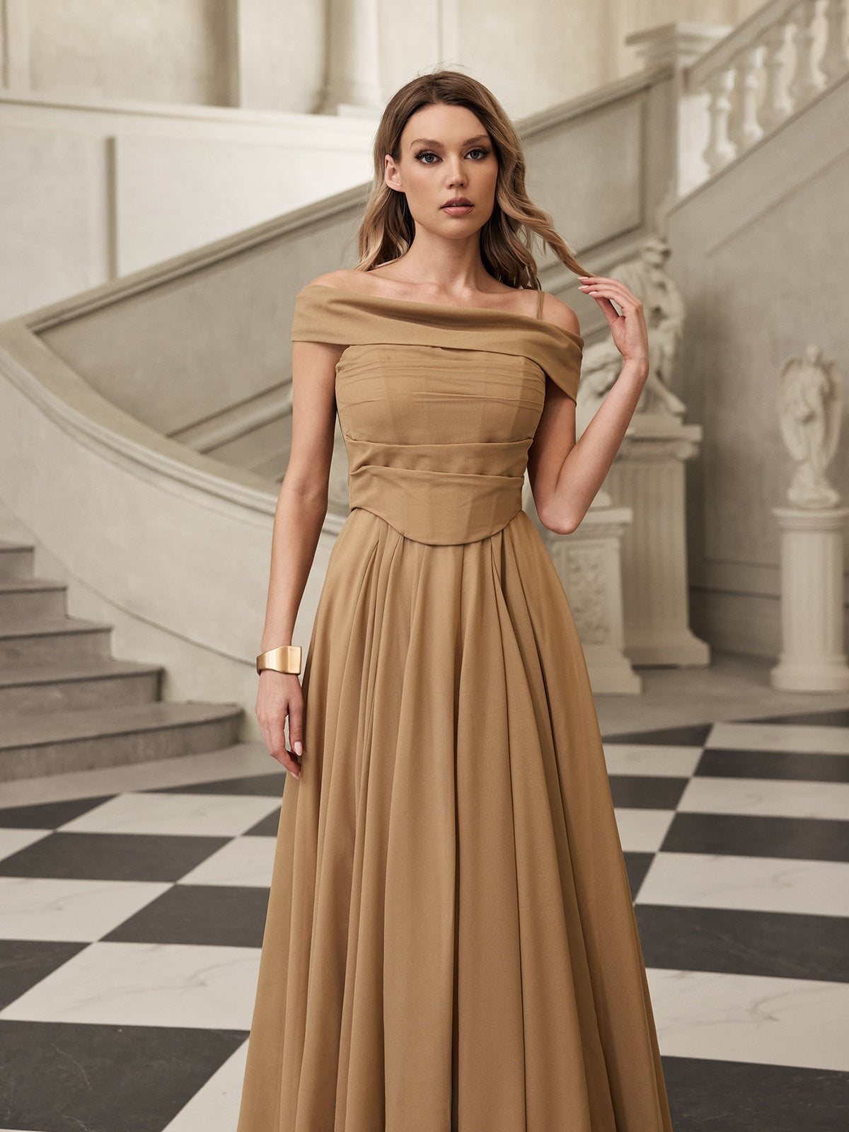 Faldrek Off Shoulder Maxi Dress In Apricot