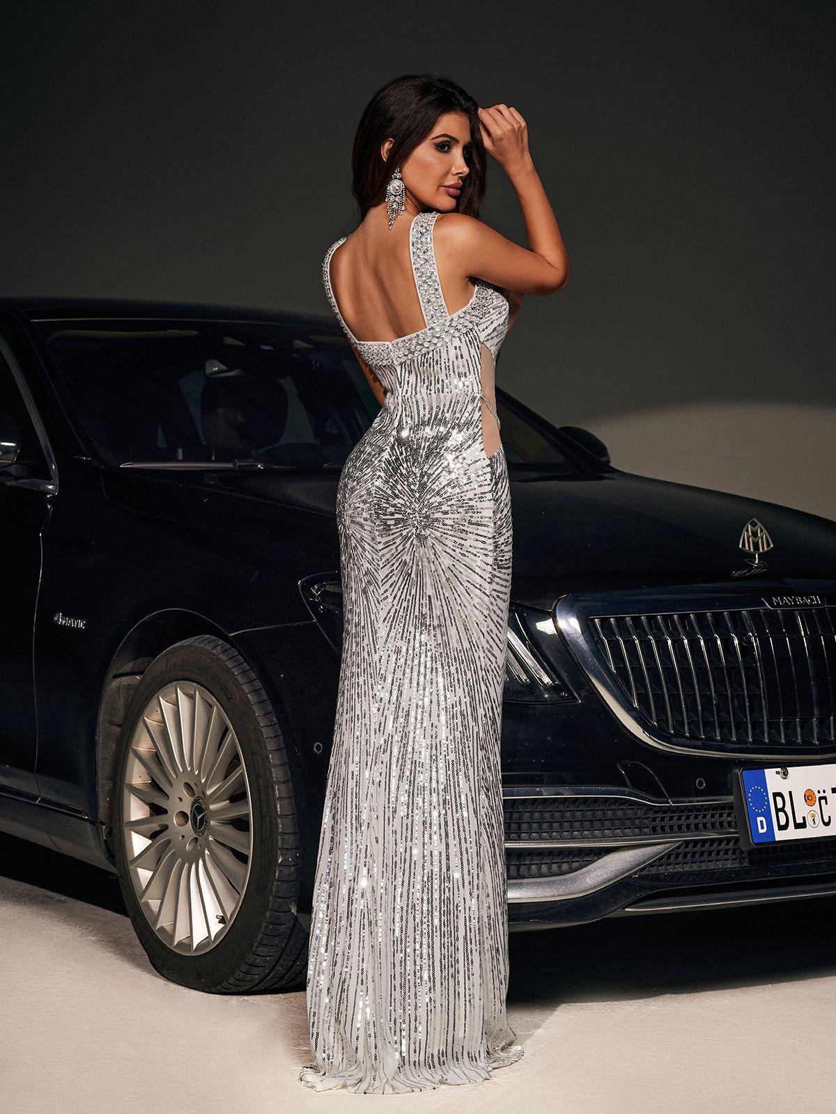 Farasha Sequin Maxi Dress featuring a halter neck design in elegant white, perfect for prom or formal events.