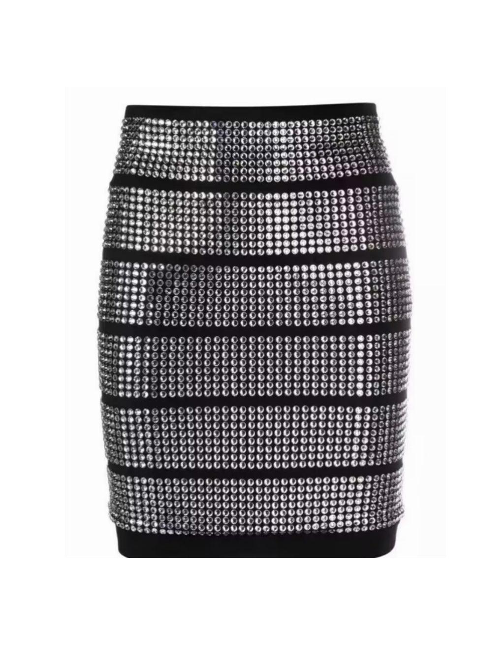 Faun Rhinestone High Waist Skirt in black, featuring elegant embellishments perfect for evening wear.