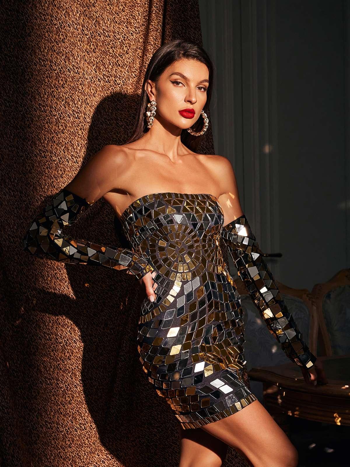 Felice Strapless Acrylic Mini Dress with matching gloves, showcasing a chic and elegant design.