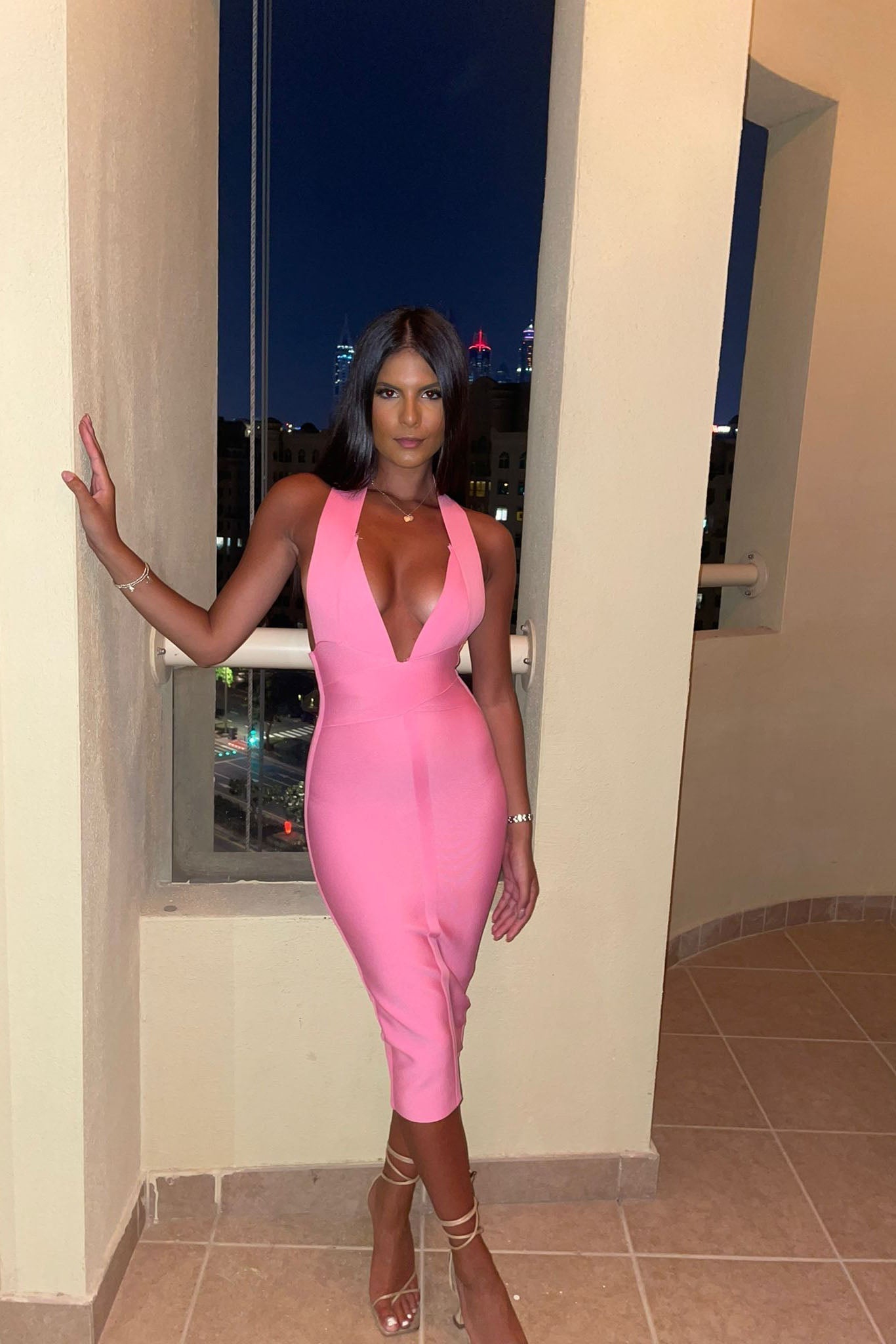 Aeila Candy Halterneck Bandage Midi Dress-Pink