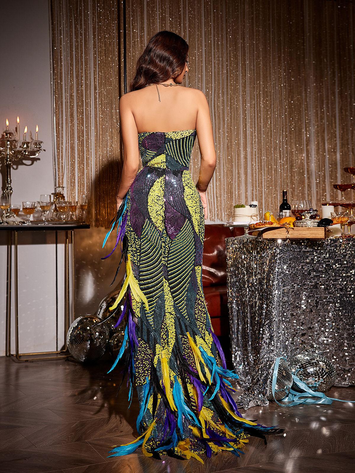Fifi Sequin Feather Asymmetric Maxi Dress featuring vibrant colors and exquisite feather details, ideal for glamorous events.
