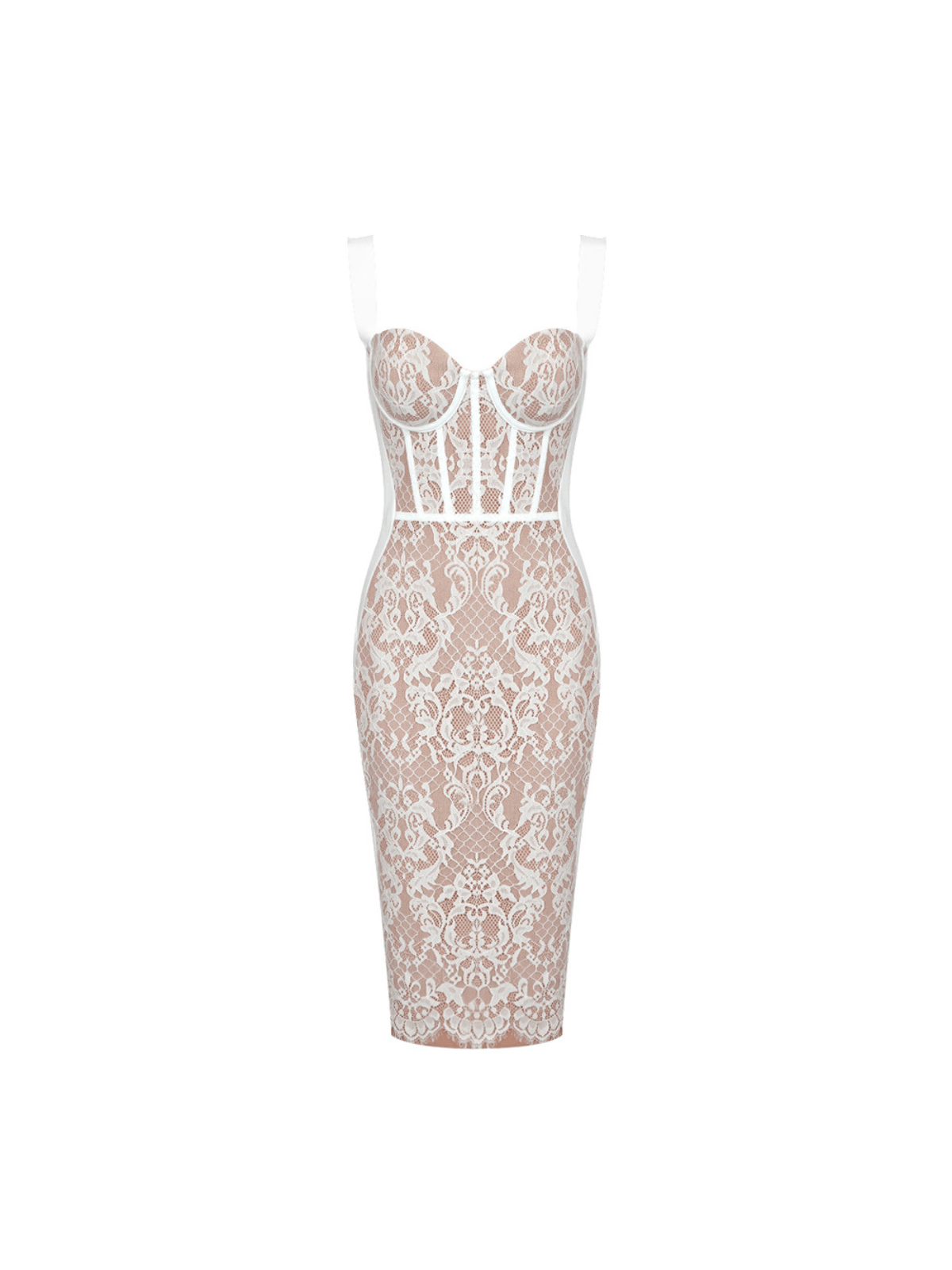 Finbar Lace Bandage Dress in White featuring elegant patchwork design and high stretch fabric for a flattering fit.
